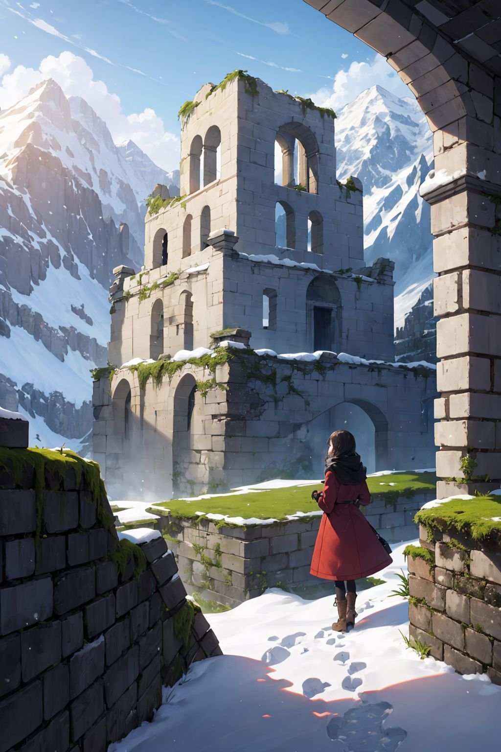 masterpiece, best quality, (1girl:1.2), full body, snowy landscape, with snow-capped mountains, panorama, Illustrate the ruins of an ancient castle, with crumbling walls, mysterious passageways, reflection,  and a sense of history and intrigue, water, moss