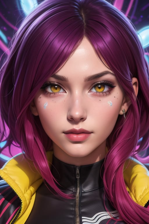 Evelynn is a beautiful young woman, 21 years old.  She has a short purple hair,  yellow eyes. red sunglass.  wearing a jacket, thigh-length jacket. wearing a print t-shirt. In the background a series of highly detailed and unreal illustrations, surreal, abstract, lucid dreams, oneiric. interactive elements, very detailed, ((Detailed face)), ((Detailed Half body)), Color Booster,  sciamano240, Evelynn