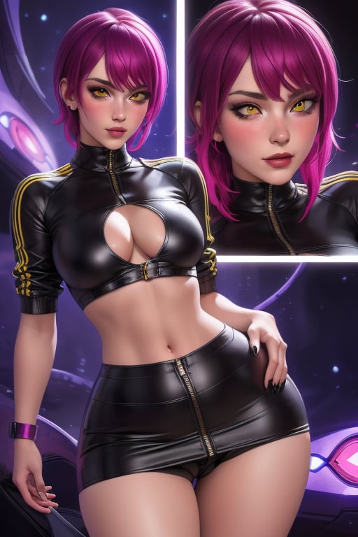 Evelynn is a beautiful young woman, 21 years old.  She has a short purple hair,  yellow eyes. red sunglass.  wearing a jacket, thigh-length jacket. wearing a black top crop, black miniskirt. big breats, large breasts, wide hips, pronounced hips, big ass, round ass. In the background a series of highly detailed and unreal illustrations, surreal, abstract, lucid dreams, oneiric. interactive elements, very detailed, ((Detailed face)), ((Detailed Half body)), Color Booster,  sciamano240, Evelynn