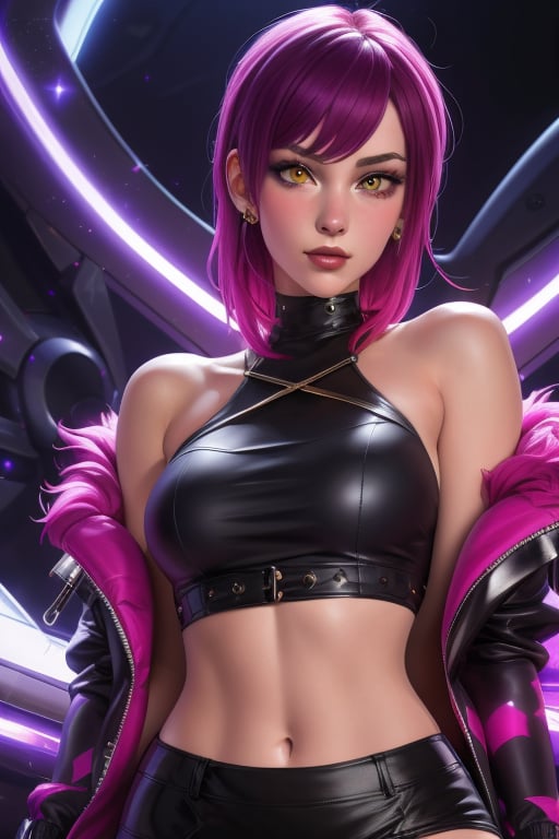 Evelynn is a beautiful young woman, 21 years old.  She has a short purple hair,  yellow eyes. red sunglass.  wearing a jacket, thigh-length jacket. wearing a black top crop, black miniskirt. big breats, wide hips. In the background a series of highly detailed and unreal illustrations, surreal, abstract, lucid dreams, oneiric. interactive elements, very detailed, ((Detailed face)), ((Detailed Half body)), Color Booster,  sciamano240, Evelynn