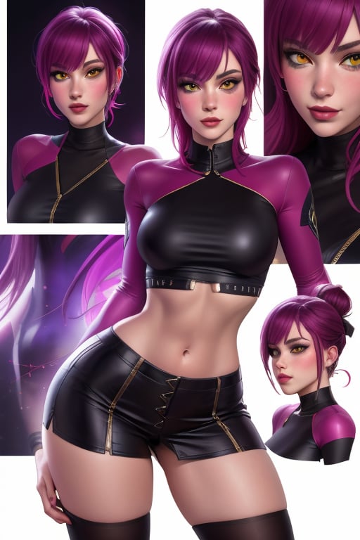 Evelynn is a beautiful young woman, 21 years old.  She has a short purple hair,  yellow eyes. red sunglass.  wearing a jacket, thigh-length jacket. wearing a black top crop, black miniskirt. big breats, large breasts, wide hips, pronounced hips, big ass, round ass. In the background a series of highly detailed and unreal illustrations, surreal, abstract, lucid dreams, oneiric. interactive elements, very detailed, ((Detailed face)), ((Detailed Half body)), Color Booster,  sciamano240, Evelynn