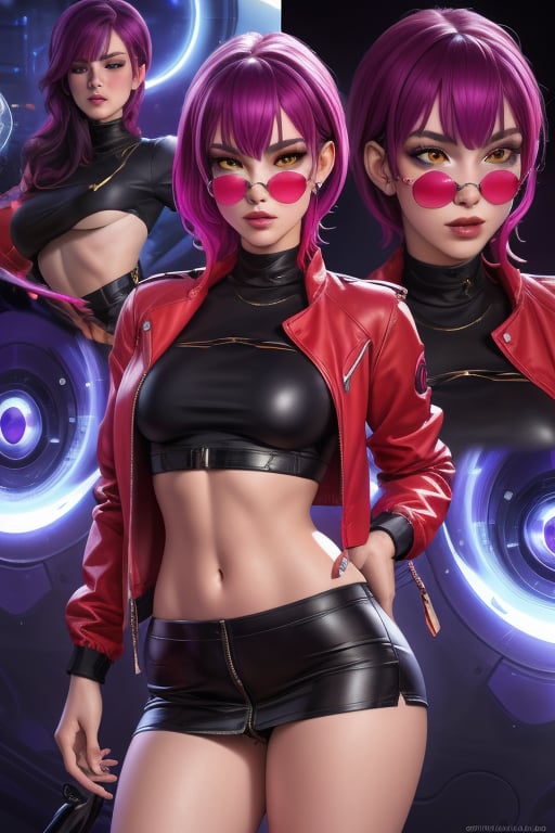 Evelynn is a beautiful young woman, 21 years old.  She has a short purple hair,  yellow eyes. red sunglass.  wearing a jacket, thigh-length jacket. wearing a black top crop, black miniskirt. big breats, large breasts, wide hips, pronounced hips, big ass, round ass. In the background a series of highly detailed and unreal illustrations, surreal, abstract, lucid dreams, oneiric. interactive elements, very detailed, ((Detailed face)), ((Detailed Half body)), Color Booster,  sciamano240, Evelynn