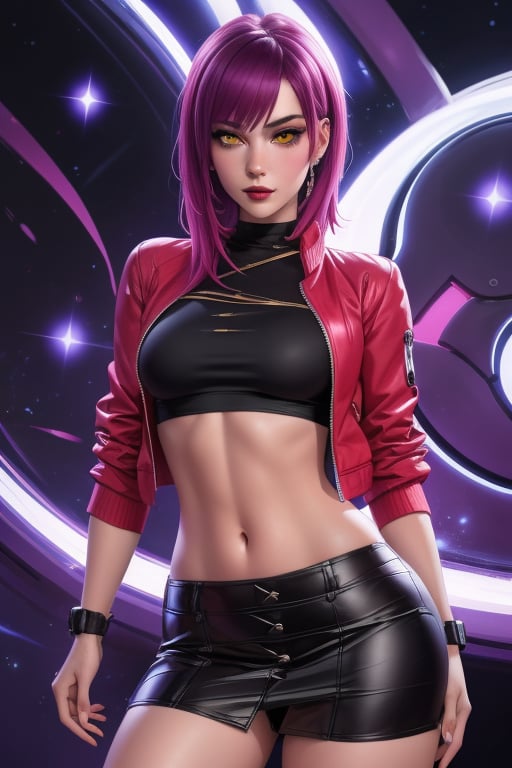 Evelynn is a beautiful young woman, 21 years old.  She has a short purple hair,  yellow eyes. red sunglass.  wearing a jacket, thigh-length jacket. wearing a black top crop, black miniskirt. big breats, wide hips. In the background a series of highly detailed and unreal illustrations, surreal, abstract, lucid dreams, oneiric. interactive elements, very detailed, ((Detailed face)), ((Detailed Half body)), Color Booster,  sciamano240, Evelynn