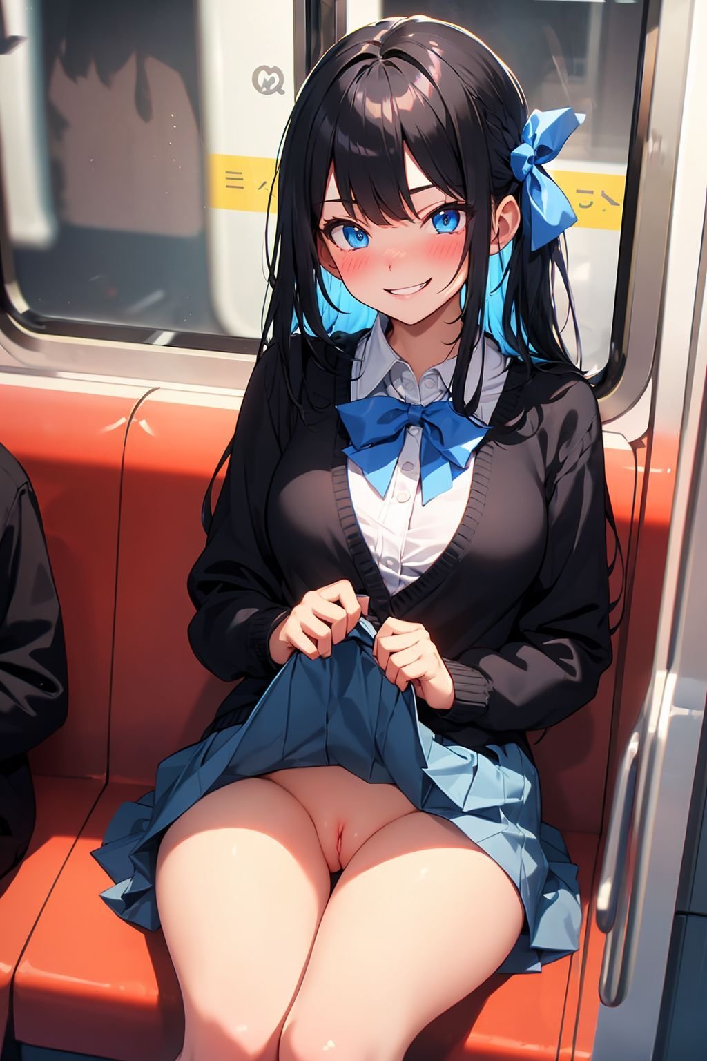 (masterpiece, best quality, chromatic aberration), solo, sweater, skirt lift, white skirt, no panties, show pussy, pussy, blush, black hair, long hair, hair ribbon, (public:1.1), glowing eyes, blue eyes, embarrassed, sitting, in train, train interior, (evil smile:1.2), nature, window,