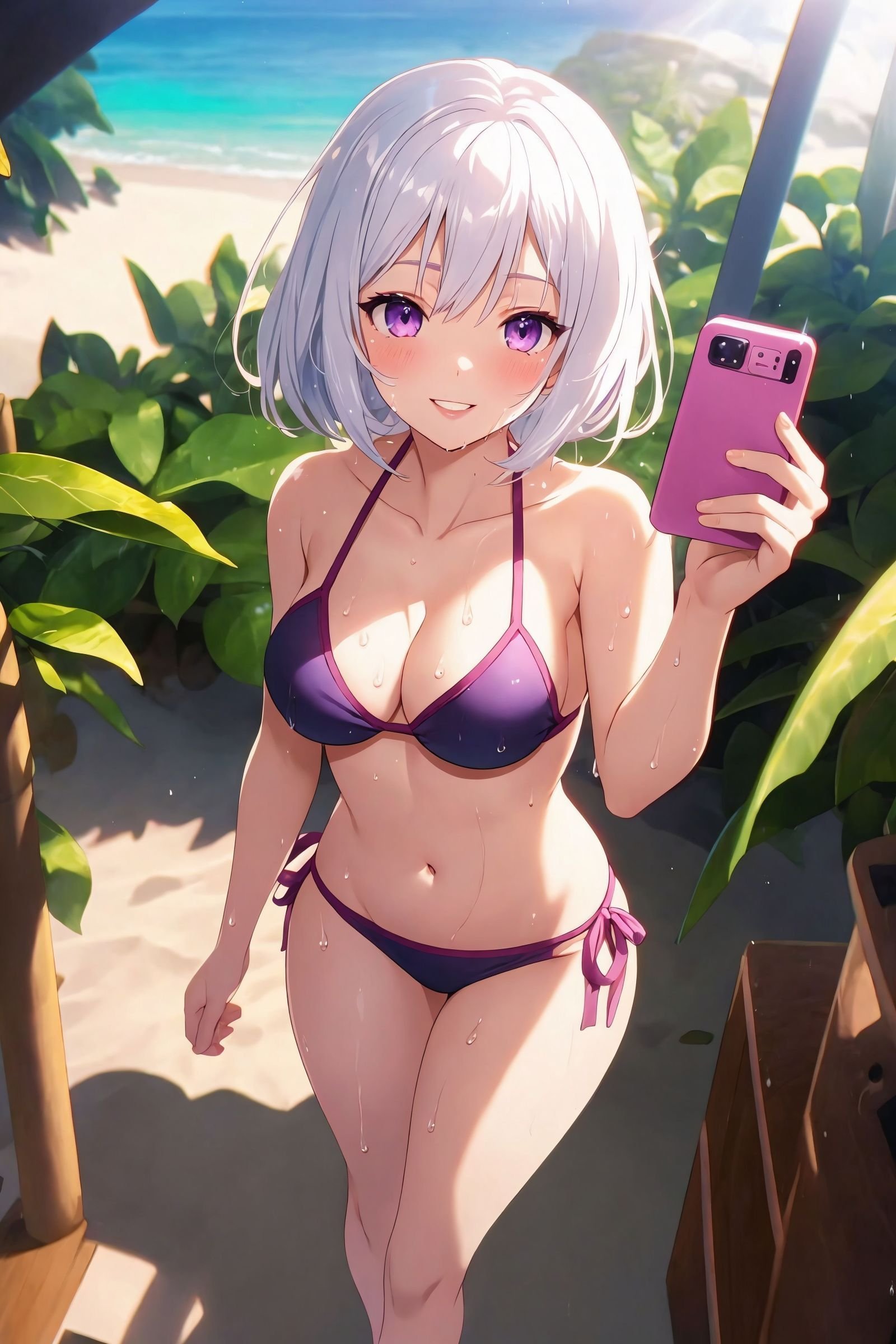 (masterpiece:1.2, best quality, chromatic aberration:1.4, anime illustration), symmetry, highly detailed, CG unity 8k wallpaper, highly detailed eyes, official art, selfie, 1girl, white hair, purple eyes, parted lips, blush, makeup, light smile, bikini, beach, sweat, wet, light rays, glow, thighs, collarbone, narrow waist,