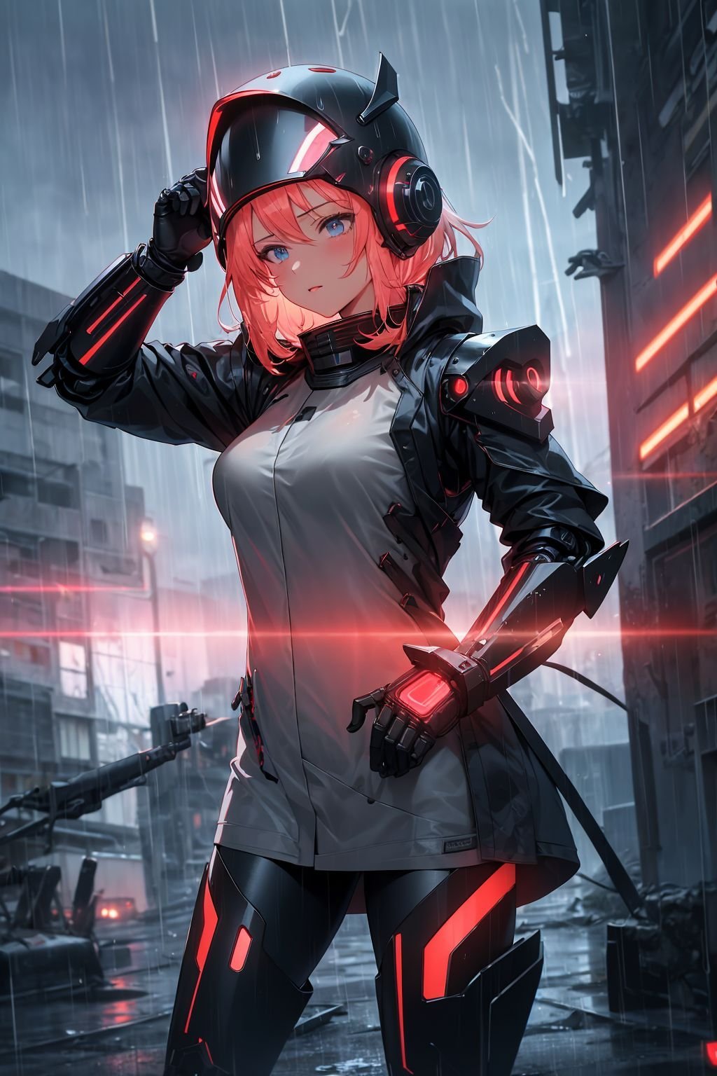 (masterpiece, best quality, chromatic aberration), nsfw, (nude:0.6), (1girl:1.2), (rainy day:1.3), dark theme, dark clouds, thunder and lightning, cowboy shot, Atmospheric, dynamic angle, Armed with both hands, red glowing, cyberhelmet, visor, robot, armor, mechanical arms, science fiction, Wearing a tattered cloak, standing on the ruins of the old square after the radiation war, there are damaged buildings everywhere, smoke of gunpowder, war,