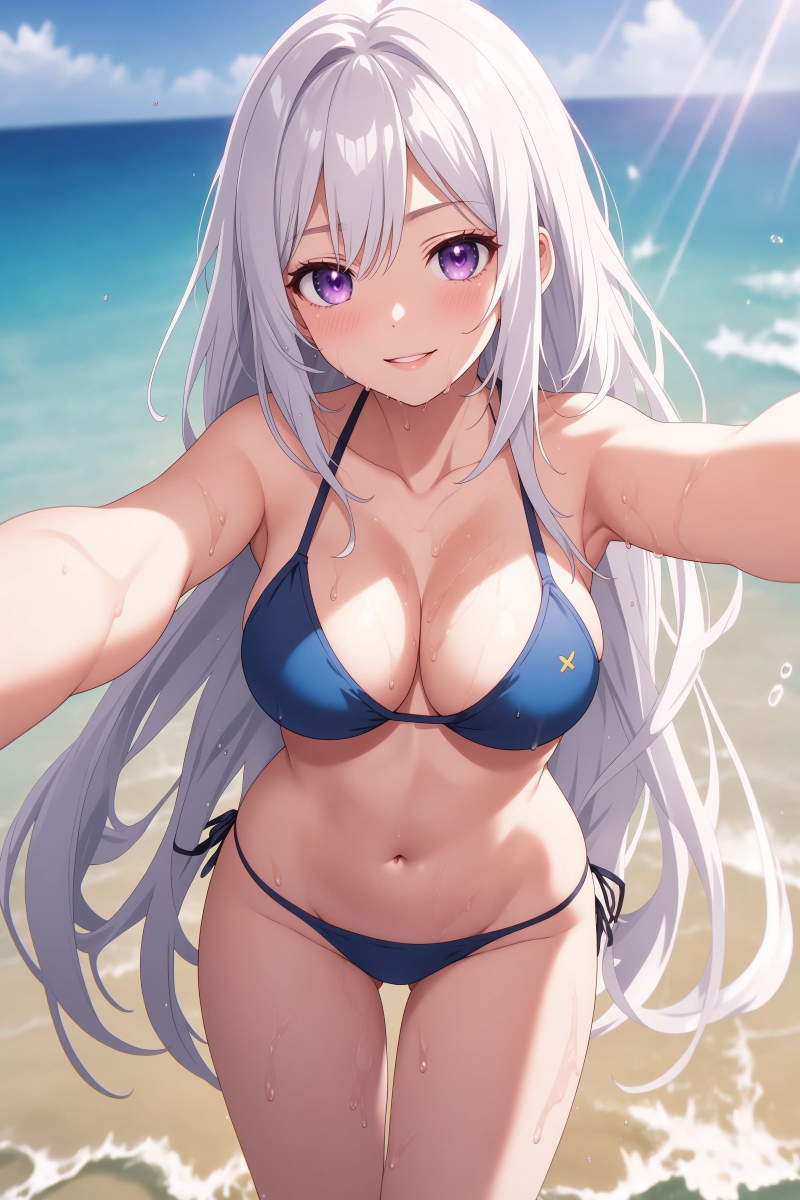 (masterpiece:1.2, best quality, chromatic aberration:1.4, anime illustration), symmetry, highly detailed, CG unity 8k wallpaper, highly detailed eyes, official art, selfie, 1girl, white hair, purple eyes, parted lips, blush, makeup, light smile, bikini, beach, sweat, wet, light rays, glow, thighs, collarbone, narrow waist,