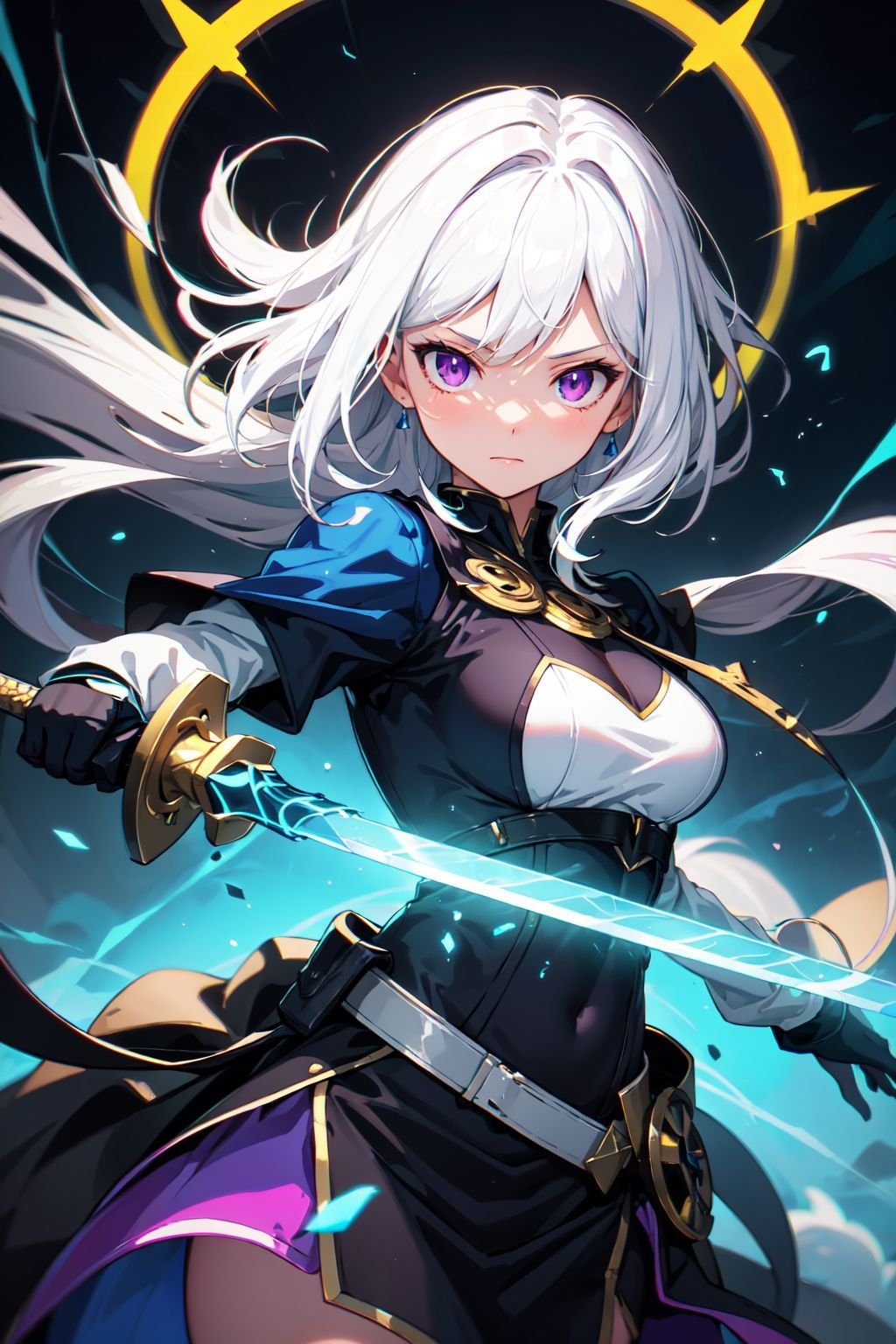 (masterpiece, best quality, chromatic aberration), colorful, 1girl, white hair, purple eyes, dual wielding, sword, holding sword, blue flames, glow, glowing weapon, light particles,magic circle, 