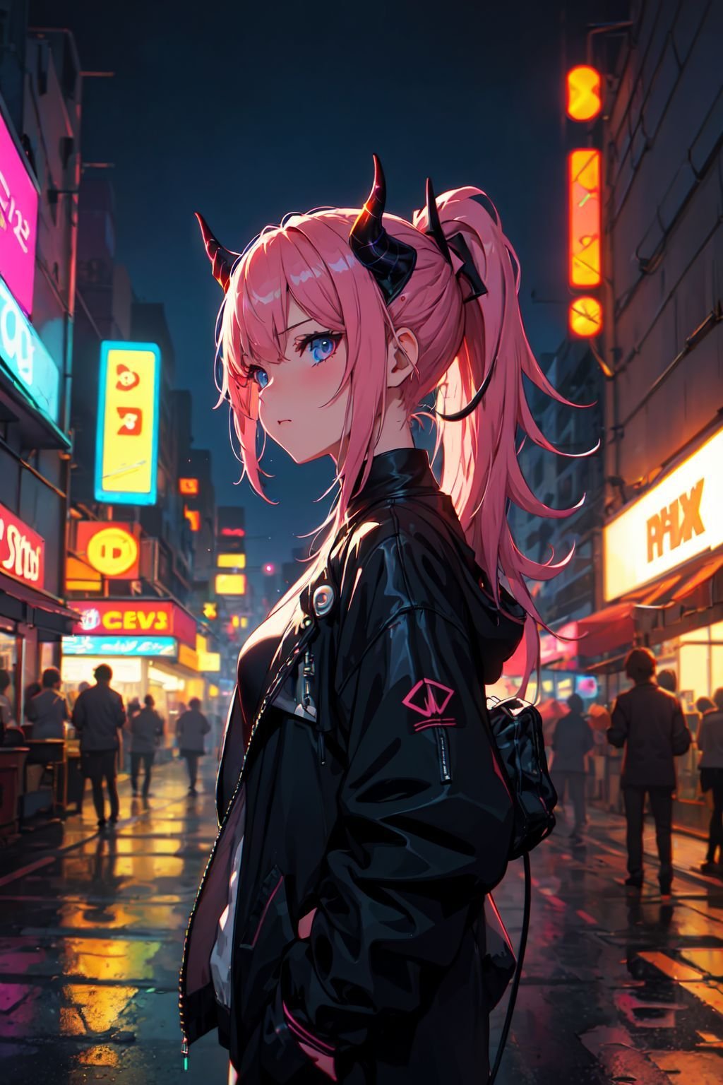 (masterpiece, best quality, chromatic aberration), 1girl, solo, long hair, ponytail, demon horns, horns, cyperpunk vibes, synthwave, city scrapper, night, neon, neon light, RTX, post processing, depth of field