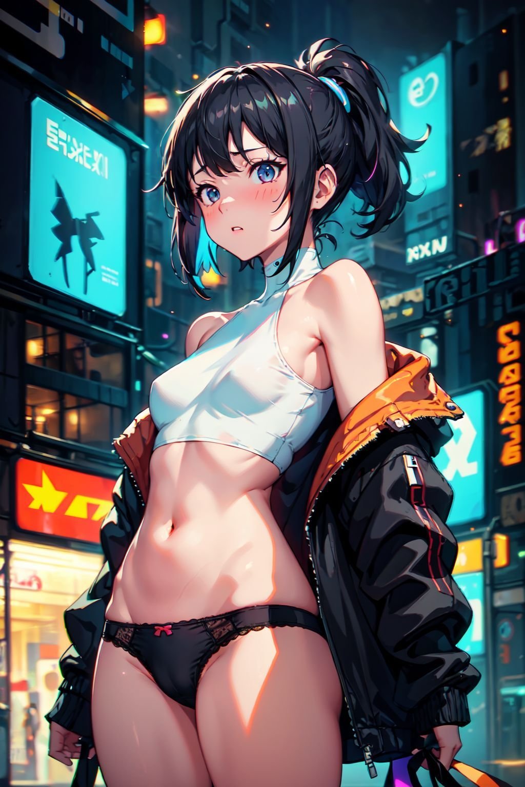 (masterpiece, best quality, chromatic aberration),(NSFW:0.6), 1girl, black panties, open jacket, bare shoulders, embarrassed, glow, neon, city, cyberpunk, horror \(theme\), (upper body:0.7), air particles, (blurry background:1.2), DoF, Deep_on_field, bare lags, hip focus, bare hip, (volumetric lighting:1.2), (pussy:0.7),<lora:epi_noiseoffset2:1>