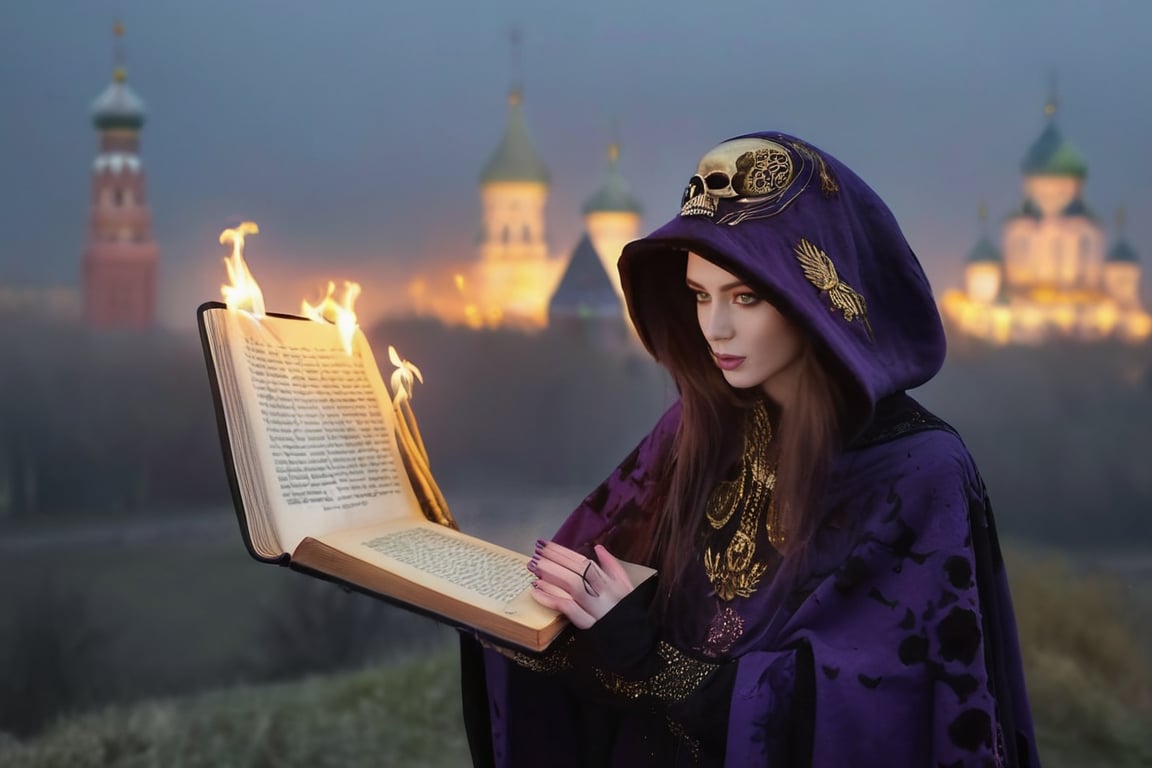 realistic (full body:1.2) breathtaking epic portrait of (21yo [mongol:slavic:0.75] female necromant mage:1.135) touching by her (perfect feminine hands:1.225) necromancy magic book with intricate decoration, wearing black-violet-gold intricately crafted cyberpunk skull print cloak, etheral wind blowing and eerie military skeletons lurking in background, (gloomy eerie evening with burning Kremlin in background:1.125), (volumetric dreamy light in dense fog, natural low-key light:1.16), (natural skin texture with pigment variations, large natural breasts and thin waist:1.2), (extreme facial details, realism, life-like, artistic gesture:1.35),bokeh,depth of field,cinematic