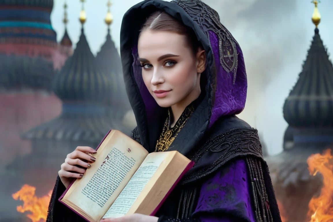 (black swan in background:1.17), realistic (full body:1.2) breathtaking epic portrait of (21yo [mongol:slavic:0.75] female necromant mage:1.135) touching by her (perfect feminine hands:1.225) necromancy magic book with intricate decoration, wearing black-violet-gold intricately crafted cyberpunk skull print cloak, etheral wind blowing and eerie military skeletons lurking in background, (gloomy eerie evening with burning Kremlin in background:1.125), (volumetric dreamy light in dense fog, natural low-key light:1.16), (natural skin texture with pigment variations, large natural breasts and thin waist:1.2), (extreme facial details, realism, life-like, artistic gesture:1.35),bokeh,depth of field,cinematic