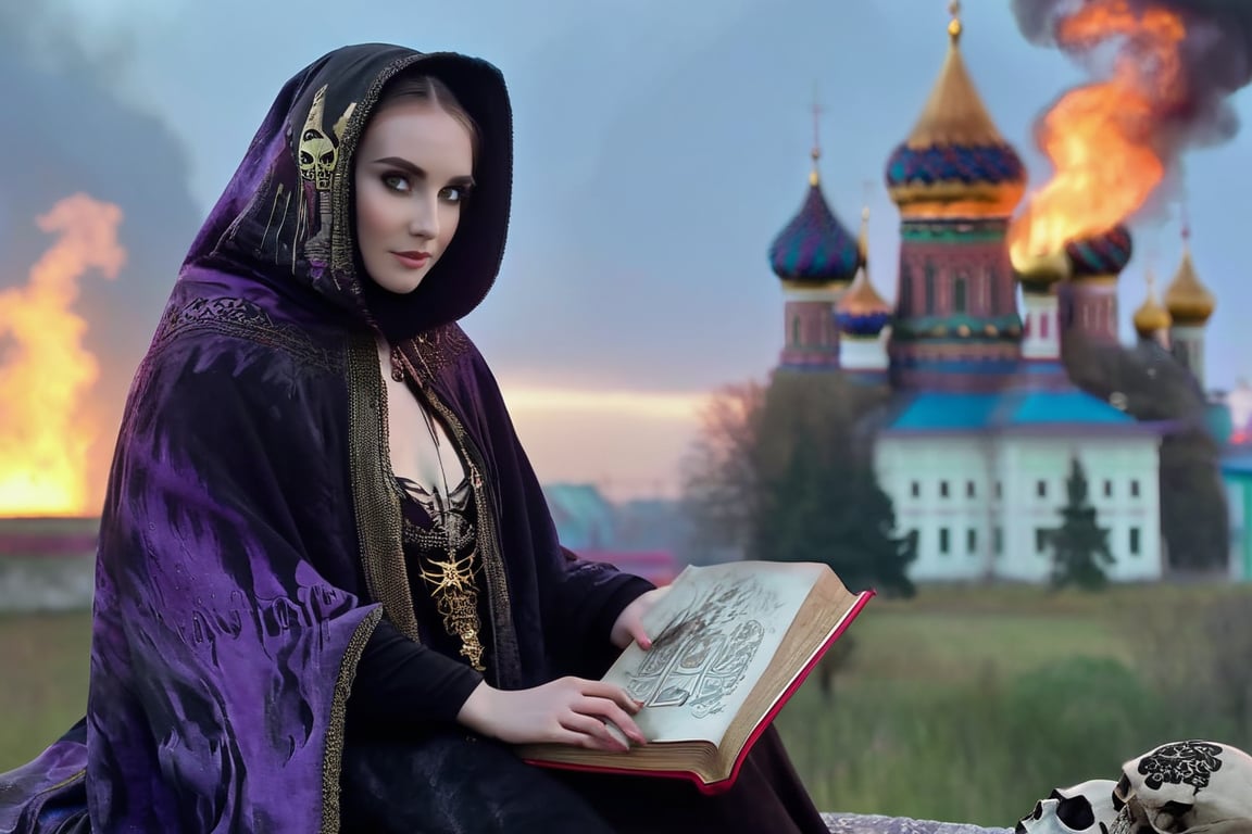 (black swan in background:0.7), realistic (full body:1.2) breathtaking epic portrait of (21yo [mongol:slavic:0.75] female necromant mage:1.135) touching by her (perfect feminine hands:1.225) necromancy magic book with intricate decoration, wearing black-violet-gold intricately crafted cyberpunk skull print cloak, etheral wind blowing and eerie military skeletons lurking in background, (gloomy eerie evening with burning Kremlin in background:1.125), (volumetric dreamy light in dense fog, natural low-key light:1.16), (natural skin texture with pigment variations, large natural breasts and thin waist:1.2), (extreme facial details, realism, life-like, artistic gesture:1.35),bokeh,depth of field,cinematic