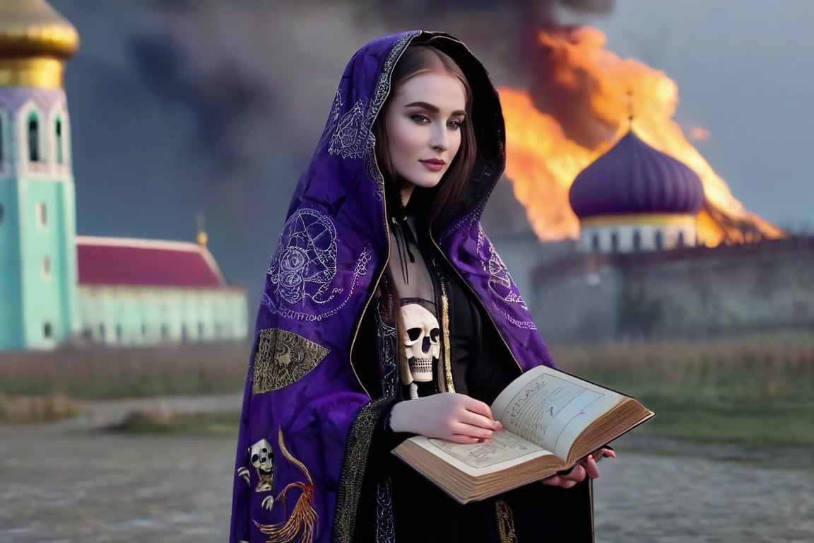 (black swan in background:0.7), realistic (full body:1.2) breathtaking epic portrait of (21yo [mongol:slavic:0.75] female necromant mage:1.135) touching by her (perfect feminine hands:1.225) necromancy magic book with intricate decoration, wearing black-violet-gold intricately crafted cyberpunk skull print cloak, etheral wind blowing and eerie military skeletons lurking in background, (gloomy eerie evening with burning Kremlin in background:1.125), (volumetric dreamy light in dense fog, natural low-key light:1.16), (natural skin texture with pigment variations, large natural breasts and thin waist:1.2), (extreme facial details, realism, life-like, artistic gesture:1.35),bokeh,depth of field,cinematic