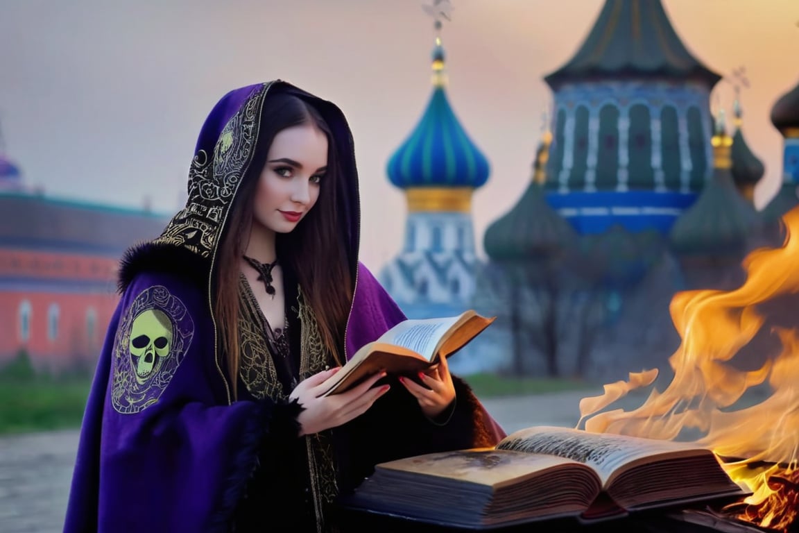 (black swan in background:0.7), realistic (full body:1.2) breathtaking epic portrait of (21yo [mongol:slavic:0.75] female necromant mage:1.135) touching by her (perfect feminine hands:1.225) necromancy magic book with intricate decoration, wearing black-violet-gold intricately crafted cyberpunk skull print cloak, etheral wind blowing and eerie military skeletons lurking in background, (gloomy eerie evening with burning Kremlin in background:1.125), (volumetric dreamy light in dense fog, natural low-key light:1.16), (natural skin texture with pigment variations, large natural breasts and thin waist:1.2), (extreme facial details, realism, life-like, artistic gesture:1.35),bokeh,depth of field,cinematic