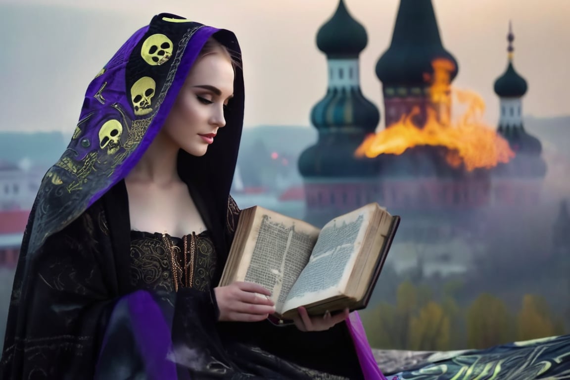 (black swan in background:1.17), realistic (full body:1.2) breathtaking epic portrait of (21yo [mongol:slavic:0.75] female necromant mage:1.135) touching by her (perfect feminine hands:1.225) necromancy magic book with intricate decoration, wearing black-violet-gold intricately crafted cyberpunk skull print cloak, etheral wind blowing and eerie military skeletons lurking in background, (gloomy eerie evening with burning Kremlin in background:1.125), (volumetric dreamy light in dense fog, natural low-key light:1.16), (natural skin texture with pigment variations, large natural breasts and thin waist:1.2), (extreme facial details, realism, life-like, artistic gesture:1.35),bokeh,depth of field,cinematic