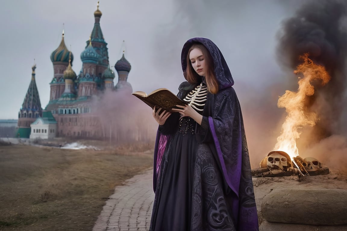 realistic (full body:1.2) breathtaking epic portrait of (21yo [mongol:slavic:0.75] female necromant mage:1.135) touching by her (perfect feminine hands:1.225) necromancy magic book with intricate decoration, wearing black-violet-gold intricately crafted cyberpunk skull print cloak, etheral wind blowing and eerie military skeletons lurking in background, (gloomy eerie evening with burning Kremlin in background:1.125), (volumetric dreamy light in dense fog, natural low-key light:1.16), (natural skin texture with pigment variations, large natural breasts and thin waist:1.2), (extreme facial details, realism, life-like, artistic gesture:1.35),bokeh,depth of field,cinematic