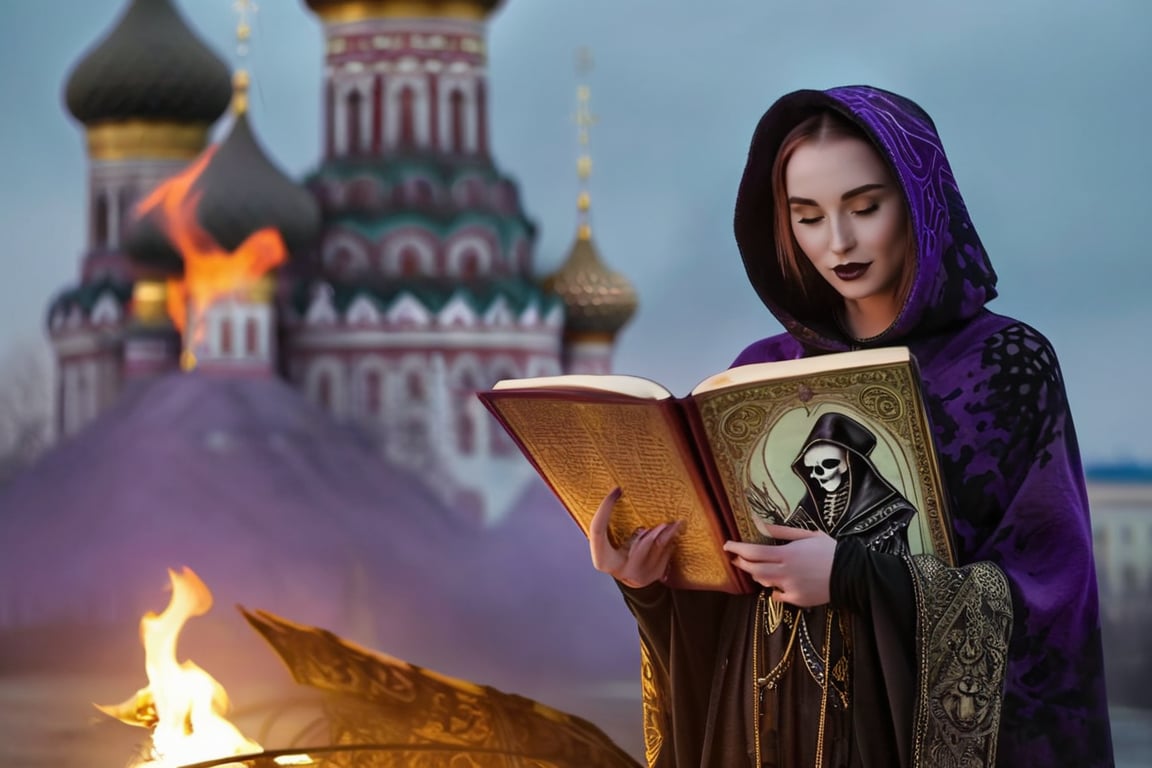 (black swan in background:0.7), realistic (full body:1.2) breathtaking epic portrait of (21yo [mongol:slavic:0.75] female necromant mage:1.135) touching by her (perfect feminine hands:1.225) necromancy magic book with intricate decoration, wearing black-violet-gold intricately crafted cyberpunk skull print cloak, etheral wind blowing and eerie military skeletons lurking in background, (gloomy eerie evening with burning Kremlin in background:1.125), (volumetric dreamy light in dense fog, natural low-key light:1.16), (natural skin texture with pigment variations, large natural breasts and thin waist:1.2), (extreme facial details, realism, life-like, artistic gesture:1.35),bokeh,depth of field,cinematic