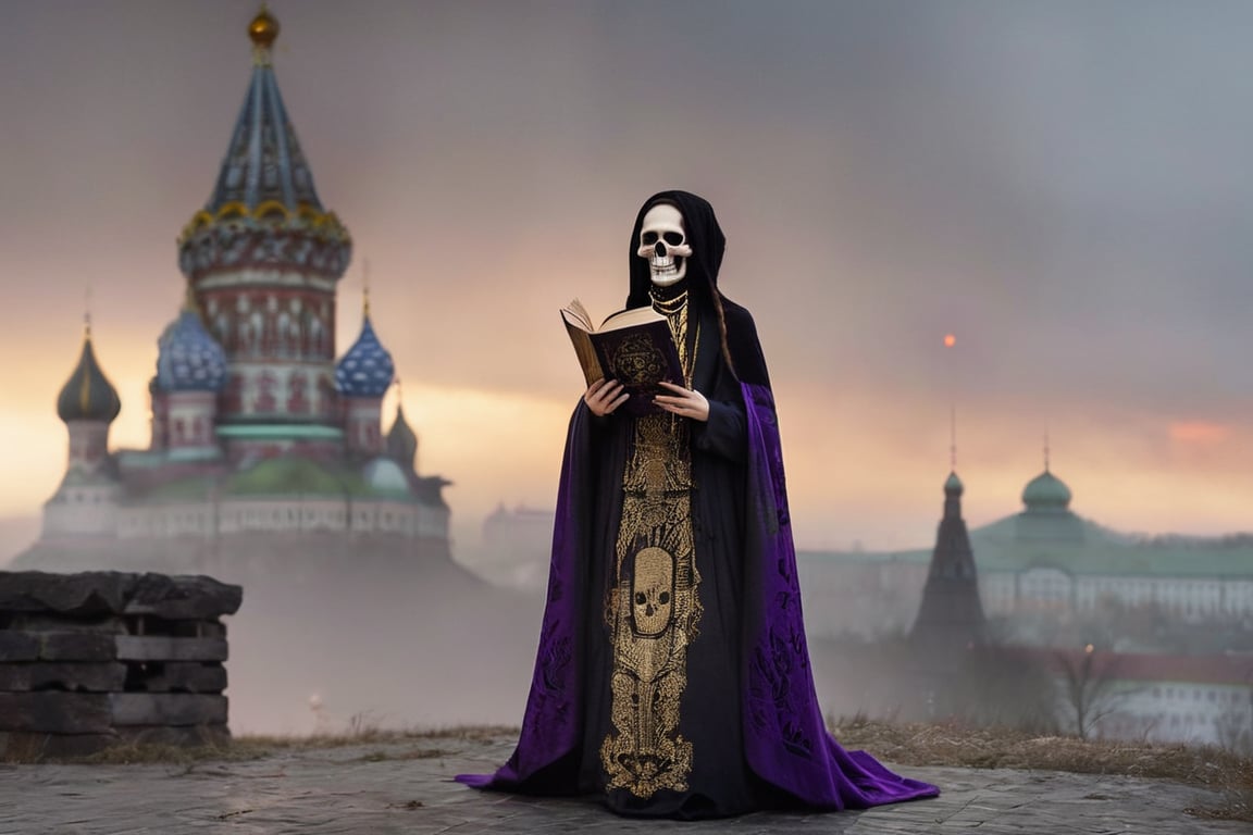 realistic (full body:1.2) breathtaking epic portrait of (21yo [mongol:slavic:0.75] female necromant mage:1.135) touching by her (perfect feminine hands:1.225) necromancy magic book with intricate decoration, wearing black-violet-gold intricately crafted cyberpunk skull print cloak, etheral wind blowing and eerie military skeletons lurking in background, (gloomy eerie evening with burning Kremlin in background:1.125), (volumetric dreamy light in dense fog, natural low-key light:1.16), (natural skin texture with pigment variations, large natural breasts and thin waist:1.2), (extreme facial details, realism, life-like, artistic gesture:1.35),bokeh,depth of field,cinematic