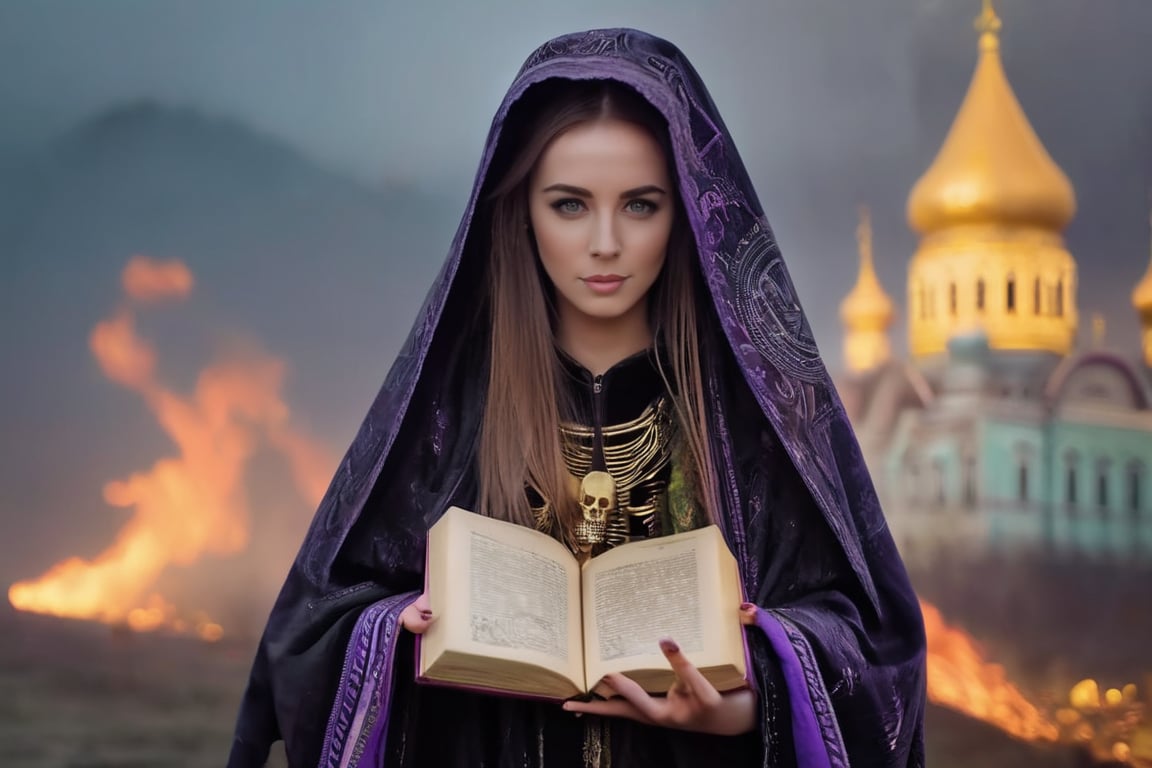 realistic (full body:1.2) breathtaking epic portrait of (21yo [mongol:slavic:0.75] female necromant mage:1.135) touching by her (perfect feminine hands:1.225) necromancy magic book with intricate decoration, wearing black-violet-gold intricately crafted cyberpunk skull print cloak, etheral wind blowing and eerie military skeletons lurking in background, (gloomy eerie evening with burning Kremlin in background:1.125), (volumetric dreamy light in dense fog, natural low-key light:1.16), (natural skin texture with pigment variations, large natural breasts and thin waist:1.2), (extreme facial details, realism, life-like, artistic gesture:1.35),bokeh,depth of field,cinematic