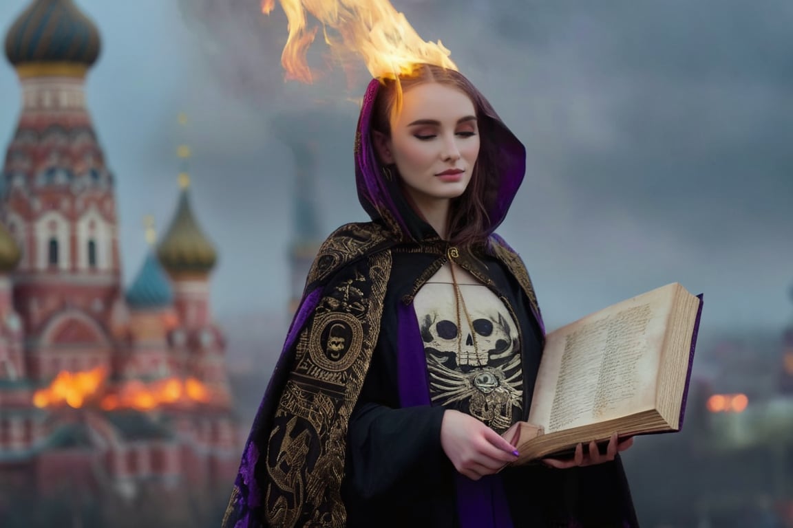 realistic (full body:1.2) breathtaking epic portrait of (21yo [mongol:slavic:0.75] female necromant mage:1.135) touching by her (perfect feminine hands:1.225) necromancy magic book with intricate decoration, wearing black-violet-gold intricately crafted cyberpunk skull print cloak, etheral wind blowing and eerie military skeletons lurking in background, (gloomy eerie evening with burning Kremlin in background:1.125), (volumetric dreamy light in dense fog, natural low-key light:1.16), (natural skin texture with pigment variations, large natural breasts and thin waist:1.2), (extreme facial details, realism, life-like, artistic gesture:1.35),bokeh,depth of field,cinematic