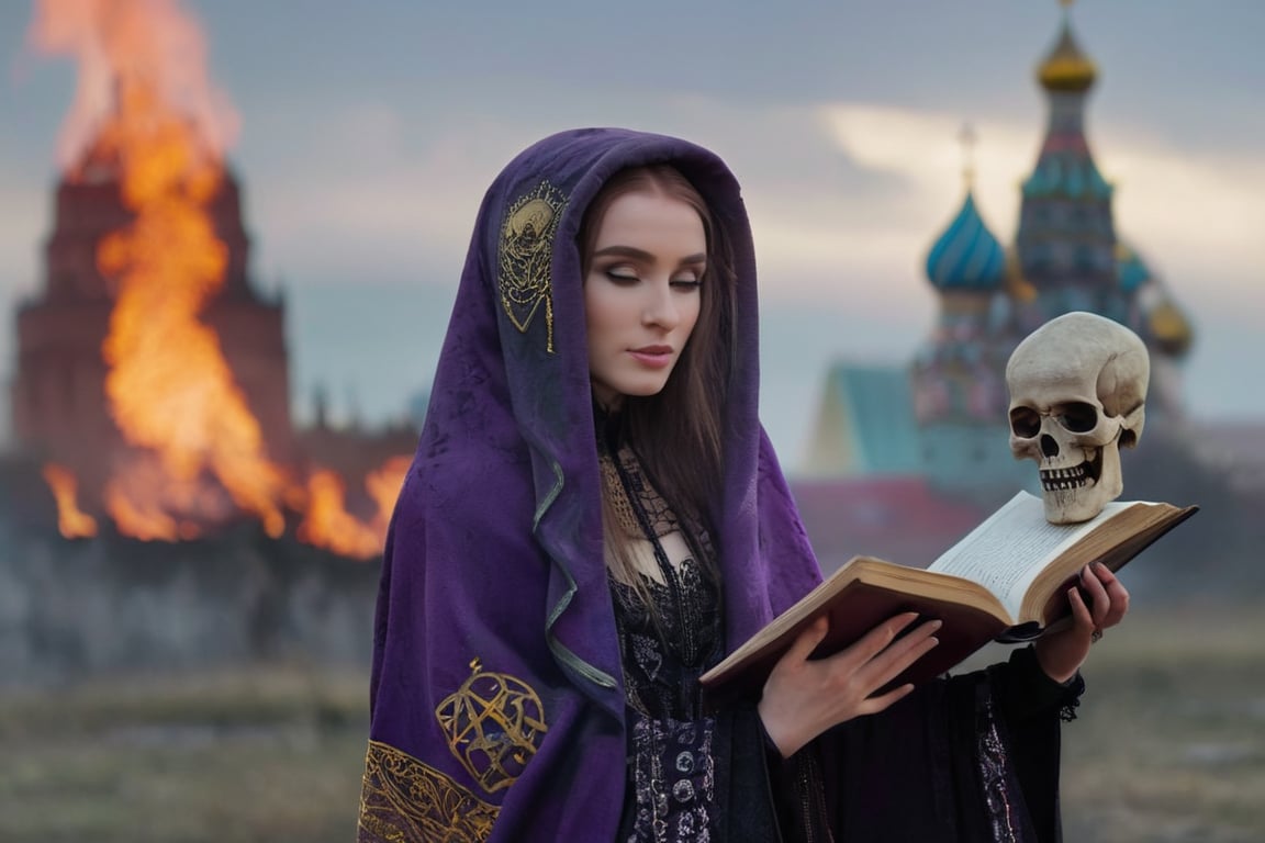 (black swan in background:0.7), realistic (full body:1.2) breathtaking epic portrait of (21yo [mongol:slavic:0.75] female necromant mage:1.135) touching by her (perfect feminine hands:1.225) necromancy magic book with intricate decoration, wearing black-violet-gold intricately crafted cyberpunk skull print cloak, etheral wind blowing and eerie military skeletons lurking in background, (gloomy eerie evening with burning Kremlin in background:1.125), (volumetric dreamy light in dense fog, natural low-key light:1.16), (natural skin texture with pigment variations, large natural breasts and thin waist:1.2), (extreme facial details, realism, life-like, artistic gesture:1.35),bokeh,depth of field,cinematic