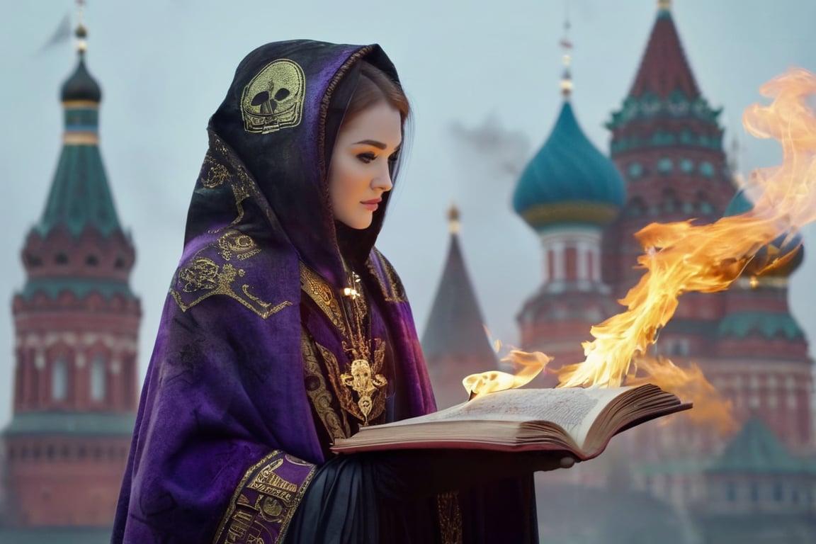 realistic (full body:1.2) breathtaking epic portrait of (21yo [mongol:slavic:0.75] female necromant mage:1.135) touching by her (perfect feminine hands:1.225) necromancy magic book with intricate decoration, wearing black-violet-gold intricately crafted cyberpunk skull print cloak, etheral wind blowing and eerie military skeletons lurking in background, (gloomy eerie evening with burning Kremlin in background:1.125), (volumetric dreamy light in dense fog, natural low-key light:1.16), (natural skin texture with pigment variations, large natural breasts and thin waist:1.2), (extreme facial details, realism, life-like, artistic gesture:1.35),bokeh,depth of field,cinematic