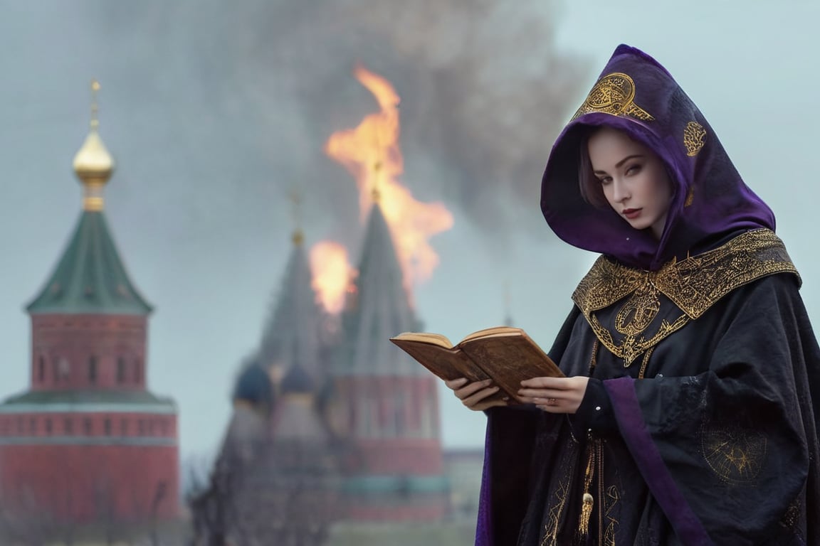 realistic (full body:1.2) breathtaking epic portrait of (21yo [mongol:slavic:0.75] female necromant mage:1.135) touching by her (perfect feminine hands:1.225) necromancy magic book with intricate decoration, wearing black-violet-gold intricately crafted cyberpunk skull print cloak, etheral wind blowing and eerie military skeletons lurking in background, (gloomy eerie evening with burning Kremlin in background:1.125), (volumetric dreamy light in dense fog, natural low-key light:1.16), (natural skin texture with pigment variations, large natural breasts and thin waist:1.2), (extreme facial details, realism, life-like, artistic gesture:1.35),bokeh,depth of field,cinematic