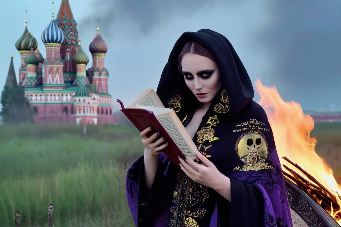 (black swan in background:0.7), realistic (full body:1.2) breathtaking epic portrait of (21yo [mongol:slavic:0.75] female necromant mage:1.135) touching by her (perfect feminine hands:1.225) necromancy magic book with intricate decoration, wearing black-violet-gold intricately crafted cyberpunk skull print cloak, etheral wind blowing and eerie military skeletons lurking in background, (gloomy eerie evening with burning Kremlin in background:1.125), (volumetric dreamy light in dense fog, natural low-key light:1.16), (natural skin texture with pigment variations, large natural breasts and thin waist:1.2), (extreme facial details, realism, life-like, artistic gesture:1.35),bokeh,depth of field,cinematic