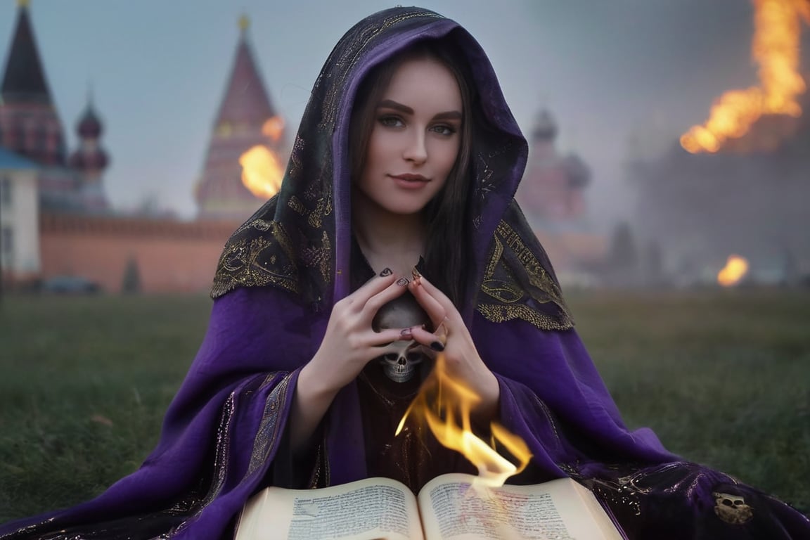 (black swan in background:0.7), realistic (full body:1.2) breathtaking epic portrait of (21yo [mongol:slavic:0.75] female necromant mage:1.135) touching by her (perfect feminine hands:1.225) necromancy magic book with intricate decoration, wearing black-violet-gold intricately crafted cyberpunk skull print cloak, etheral wind blowing and eerie military skeletons lurking in background, (gloomy eerie evening with burning Kremlin in background:1.125), (volumetric dreamy light in dense fog, natural low-key light:1.16), (natural skin texture with pigment variations, large natural breasts and thin waist:1.2), (extreme facial details, realism, life-like, artistic gesture:1.35),bokeh,depth of field,cinematic