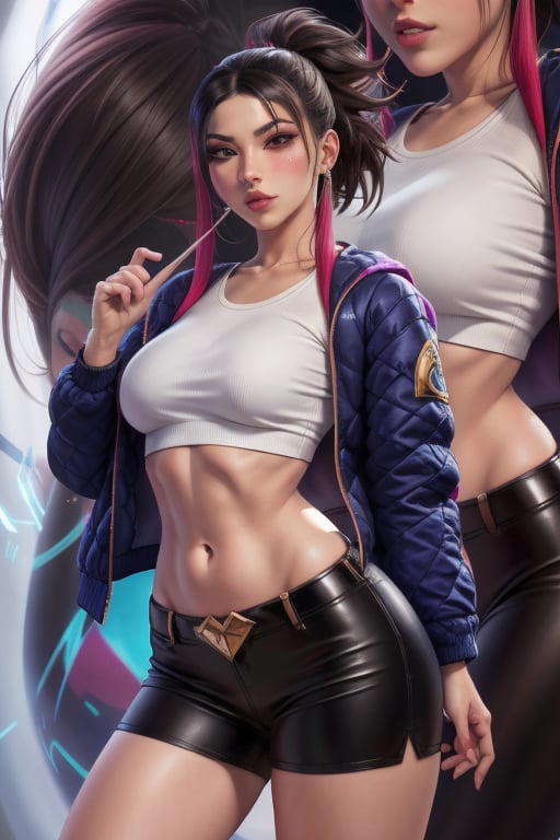 Akali is a beautiful young woman, 19 years old.  She has a long hair,  ponytail, color eyes.  wearing a jacket, wearing a white top crop, black miniskirt. Tomboy Style. big breats, large breasts, wide hips, pronounced hips, big ass, round ass. In the background a series of highly detailed and unreal illustrations, surreal, abstract, lucid dreams, oneiric. interactive elements, very detailed, ((Detailed face)), ((Detailed Half body)), Color Booster,  sciamano240, Akali