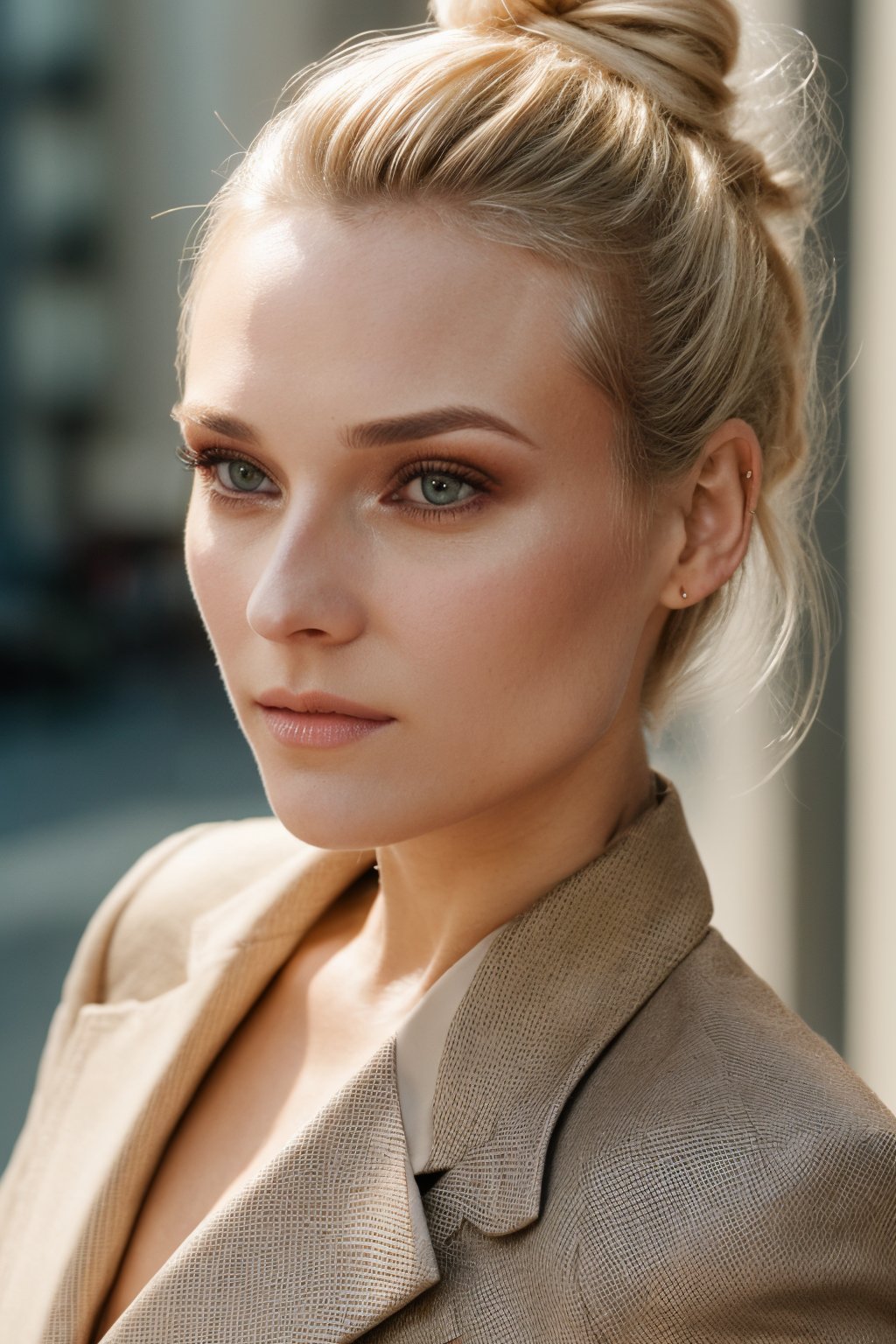 headshot wo_dianeKru01, blonde, eye shadow, wearing a beige suit, tied in a bun hair, 8k, masterpiece, cinematic lighting, shot on Fujifilm Superia 400