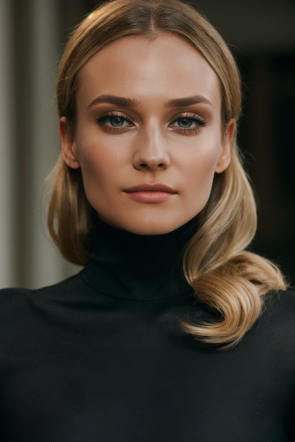 a photography of the gorgeous wo_dianeKru01, wearing a turtleneck black dress, half body shot, sharp focus,  8k high definition,  insanely detailed,  intricate,  masterpiece,  highest quality,  film grain,  Movie still