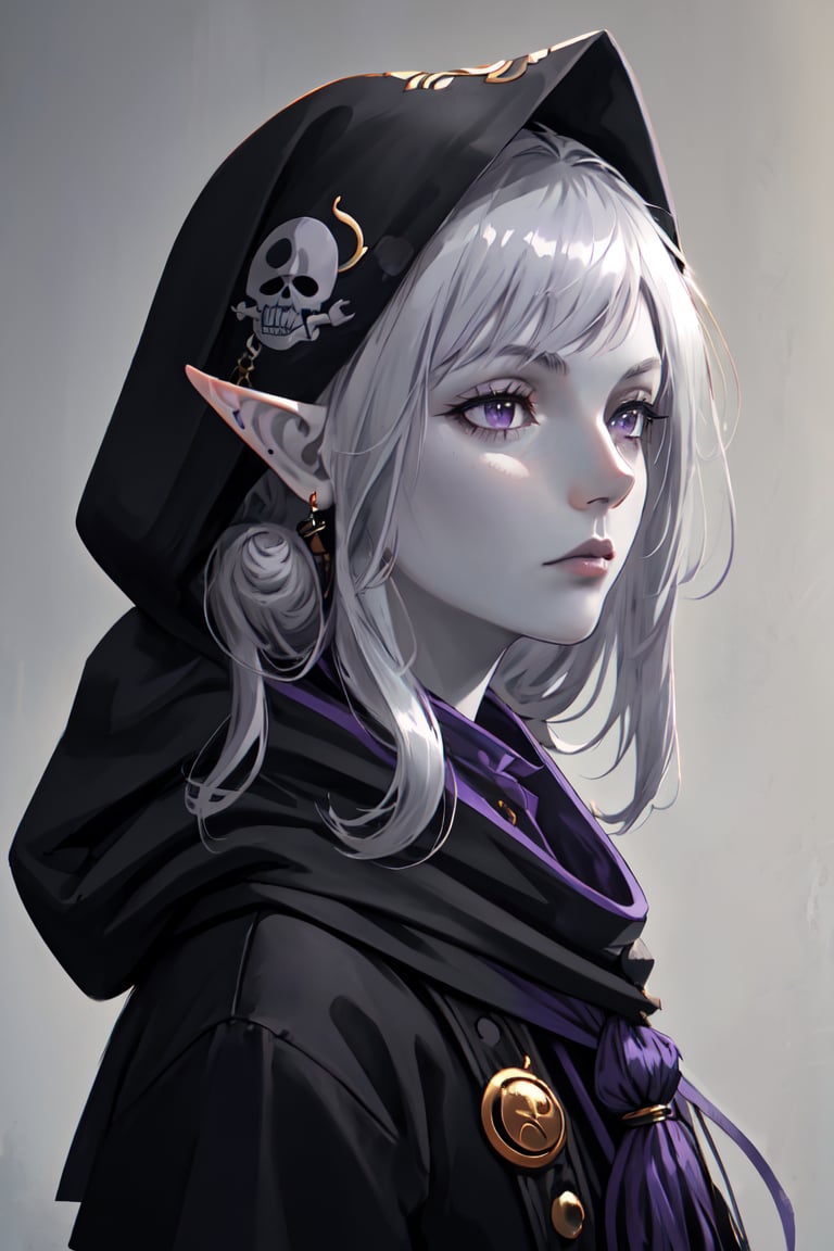 master piece, HD, ultra detailled, high definition, high_res, high_resolution, portrait, gray skinned girl, purple_eyes, pirate patch, black_hair, dreads, (gray_skin:1.3), hood, elf_ears, sea, gray skin,fantasy00d