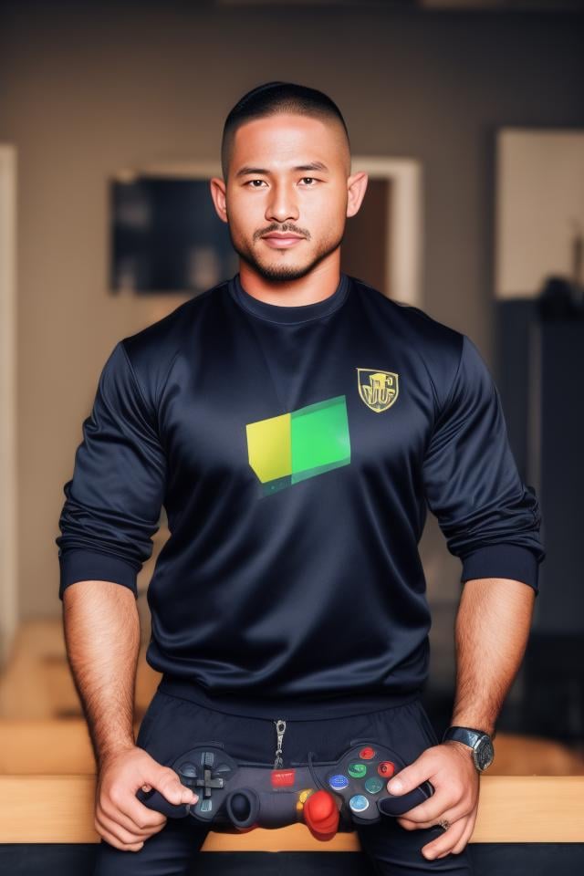 syahnk,(((1man))), muscular, brown eyes, casual clothes, sweatshirt, handsome, nerd, dynamic,  sfw, playing videogames, (intricate details,  Masterpiece, high quality, best quality, realistic), (musclebears:0.5), bulgerk-soft ,<lora:add_detail:1>