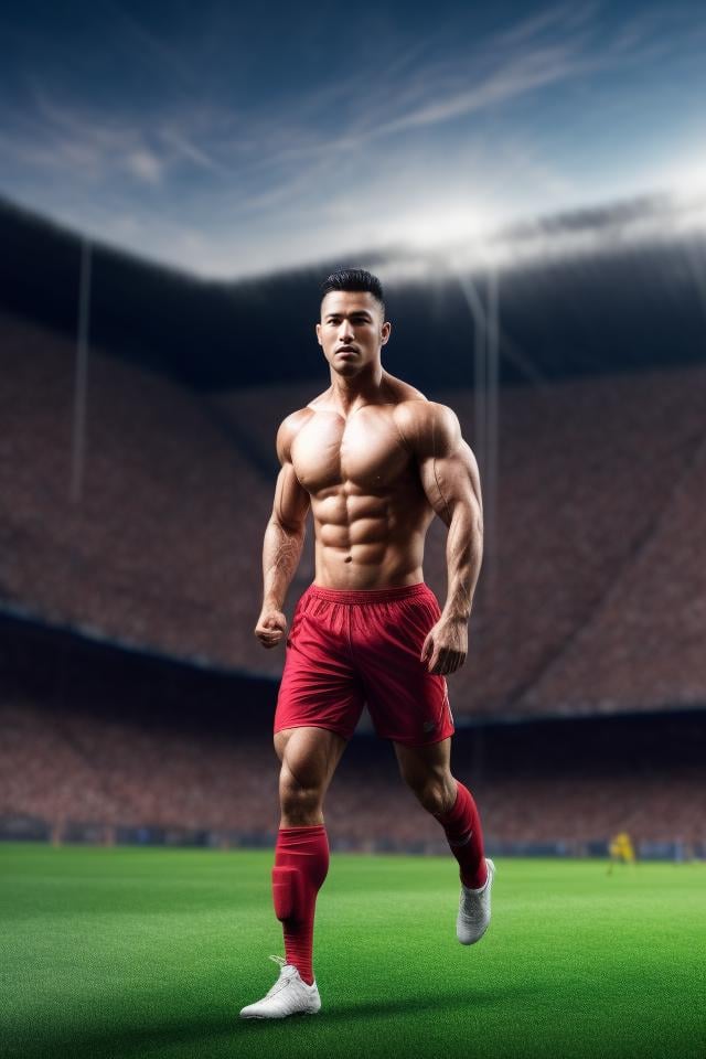 masterpiece, best quality, highres, realistic, handsome, photogenic, masculine, (big muscles), syahnk as an ((dark tanned)) athletic jock bulging with huge pectorals, he with his (tight gymsuit) running in middle of soccer field blushing from embarrassment ,<lora:add_detail:1>,HDR, octane, 8k,Stadium lighting ,dinamic light,sunkisses, ringlights,sunshine,high detailed skin,high detailed face,<lora:add_detail:1>