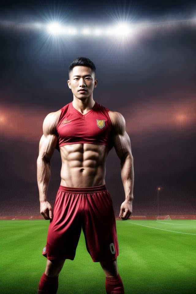 Portrait ,masterpiece, best quality, highres, realistic, handsome, photogenic, masculine, (big muscles), syahnk as an ((dark tanned)) athletic jock bulging with huge pectorals, he with his (wearing tight jersey :1.3) running in middle of soccer field blushing from embarrassment ,<lora:add_detail:1>,HDR, octane, 8k,Stadium lighting ,dinamic light,sunkisses, ringlights,sunshine,high detailed skin,high detailed face,<lora:add_detail:1>