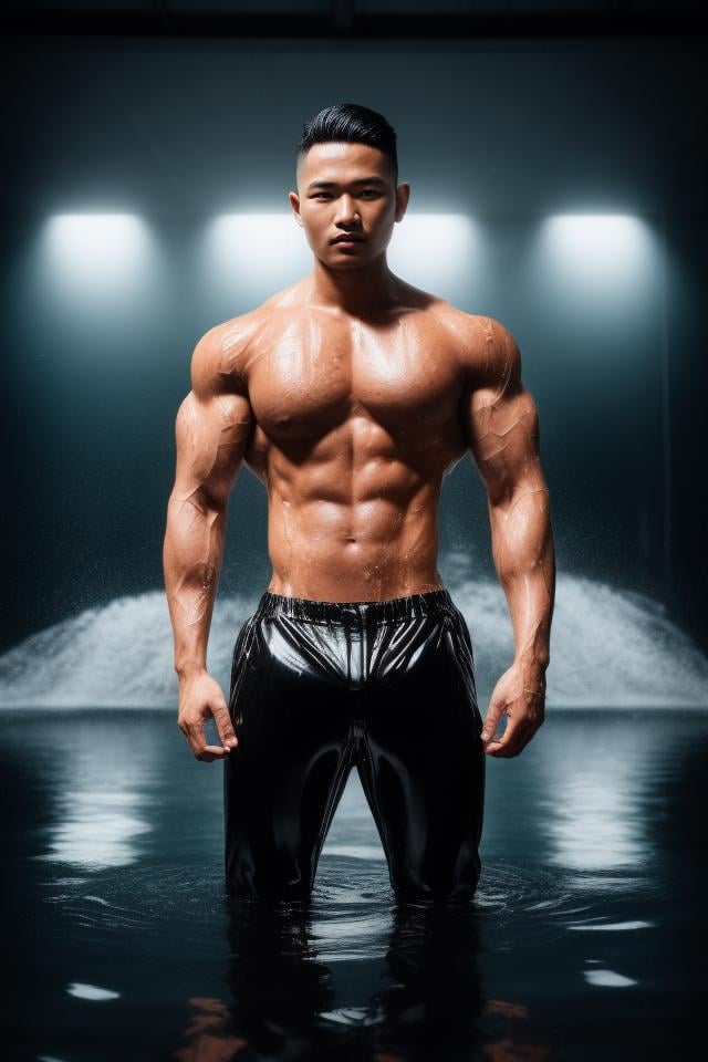 syahnk,(man standing in water), absurdres, best quality, masterpiece, mature, stubble, (robotic limbs), wearing (tight black latex pants:1.1), perspective, composition, wet, handsome, realistic face, realistic skin, detailed hair, detailed background, robotic armor, wet, ginger hair, (light particles:1.2),bodybuilder, realistic shadows, ,<lora:add_detail:1>