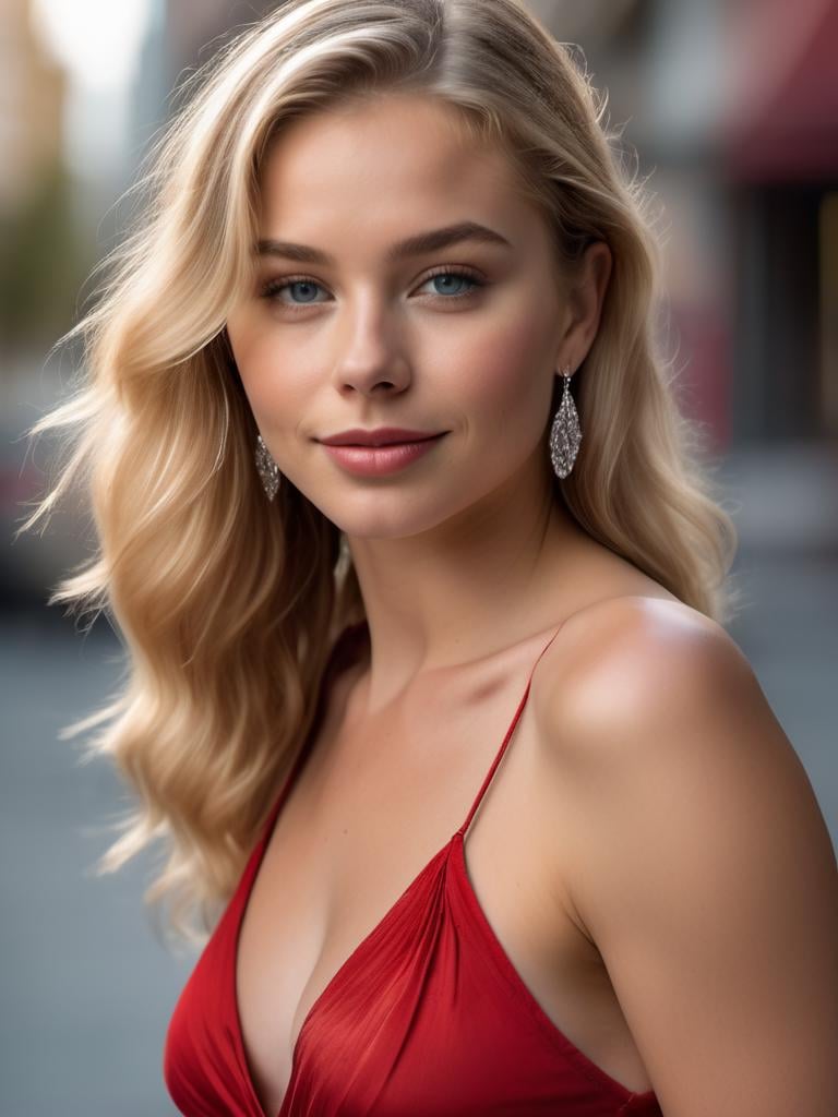 highres,best quality,background,sexy cute girl,american beauty nude,hand bra,upper bodyyoung american beauty,a lustrous smile,A close-up portrait of a stunning young woman with long blonde hair and blue eyes. She is wearing a red dress that contrasts with her fair skin and accentuates her curves. She is looking at the camera with a confident and seductive expression, her lips slightly parted. Her earrings and necklace sparkle in the light, adding some glamour to her appearance. The background is blurred, focusing the attention on her face and body. The photo is taken from a low angle, making her look taller and more dominant.