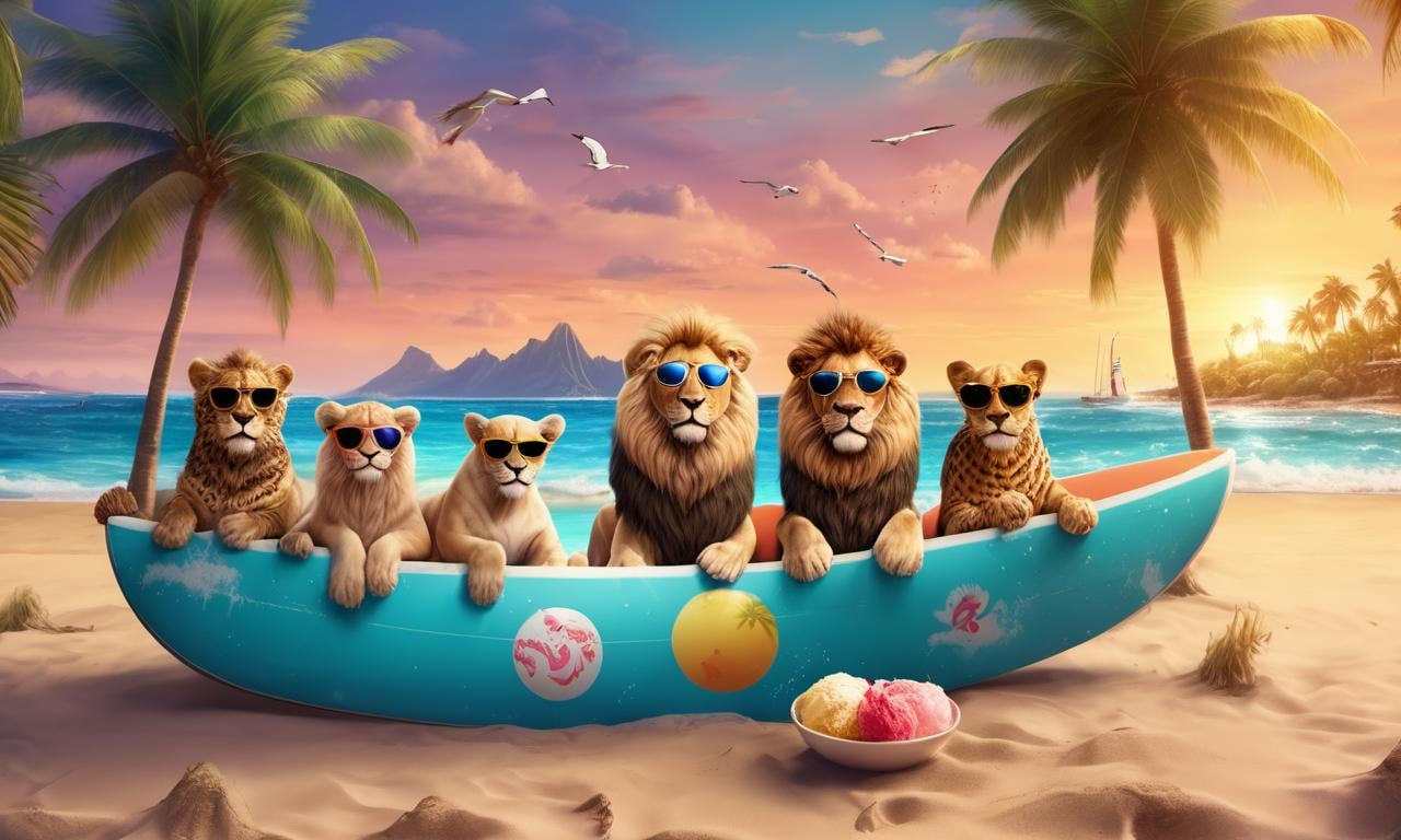 highres,best quality,iridescent color,wani wani panic,grand background,Lions in Hawaiian shirts and sunglasses are relaxing on the beach, surfing, diving, playing sandcastles and volleyball, enjoying ice cream and cocktails. The background is a tropical island with palm trees, seagulls and a sunset.