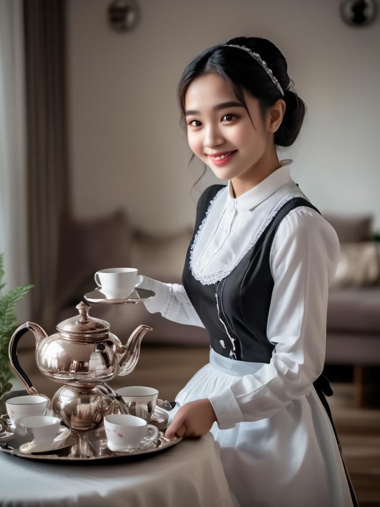 highres,best quality,iridescent color,wani wani panic,grand background,A lovely shot of a maid smiling and serving tea. She is wearing a black and white maid outfit, looking cute and elegant. She is standing in a living room, with a sofa and a table in the background. She is looking at the camera with a sweet and polite expression, her eyes sparkling. She is holding a tray with a teapot and cups, showing her service and hospitality. The photo is taken from a straight angle, making her look friendly and charming. The photo has a soft and light tone, creating a sense of warmth and comfort.