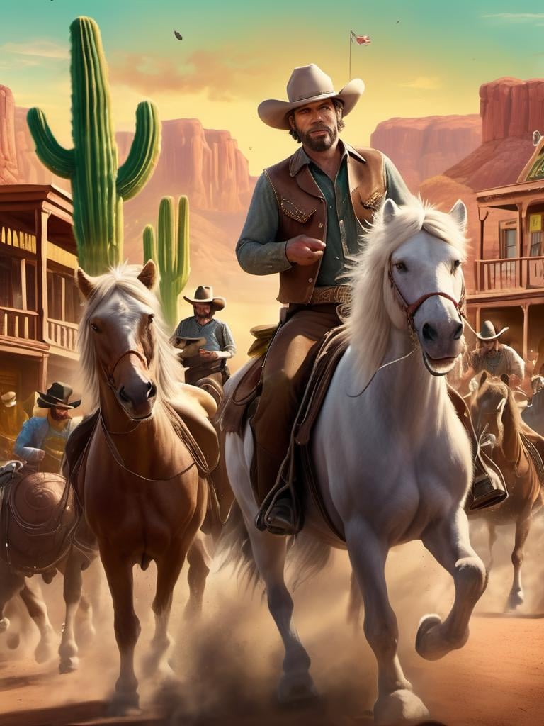 highres,best quality,iridescent color,wani wani panic,grand background,Lions in cowboy hats and boots ride horses, play poker and bluff, shoot and lasso, dance and sing in saloons. The background is a western town with cacti, carriages and sheriffs.