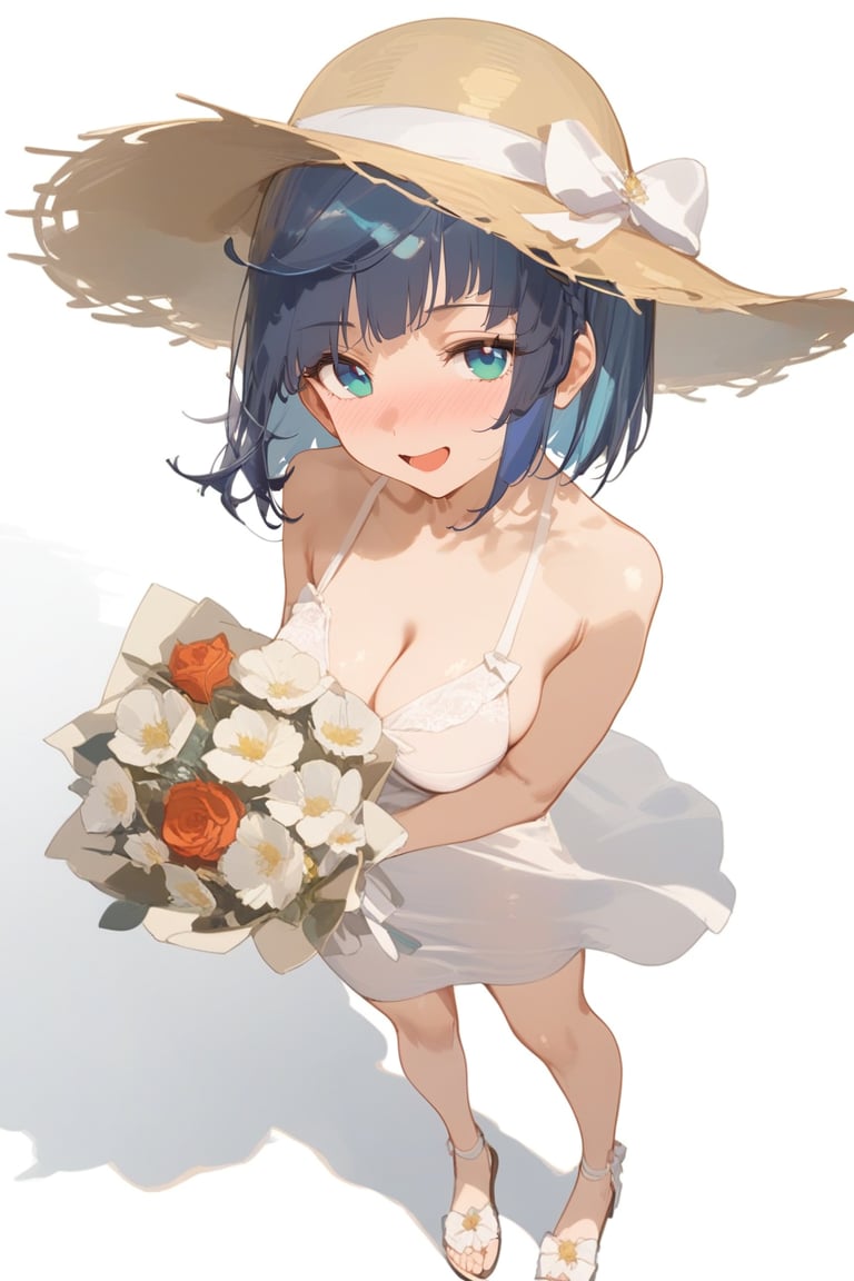 harev, watercolor, impasto, 1girl, (masterpiece, best quality), ultra detailed, beautiful, nai3, 1girl,yelan (genshin impact), 1girl, dress, hat, breasts, solo, blue_eyes, smile, open_mouth, braid, cleavage, white_dress, looking_at_viewer, bow, hair_between_eyes, holding, sandals, hair_bow, straw_hat, blue_hair, medium_breasts, sleeveless, sundress, :d, collarbone, sleeveless_dress, standing, blush, full_body, white_background, white_bow, sun_hat, bangs, from top, from above,  bouquet of roses, nose blush,  questionable

