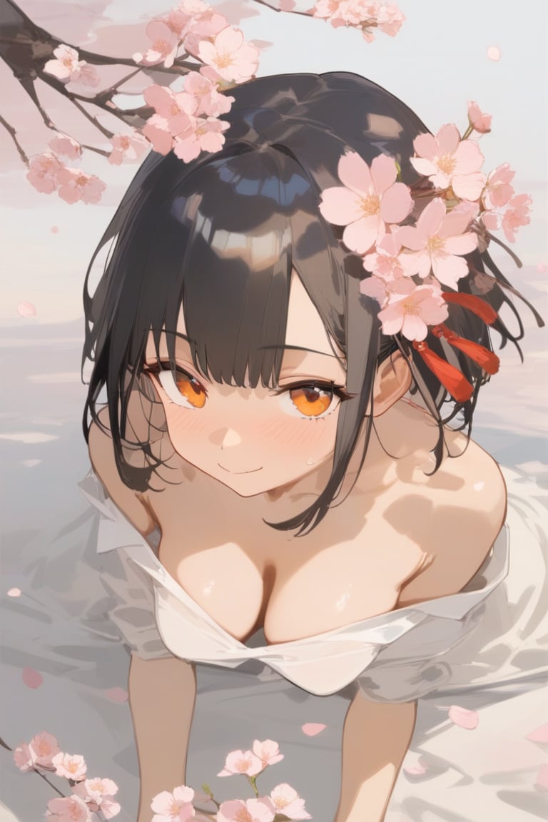 harev, watercolor, impasto, 1girl, (masterpiece, best quality), vivid color,solo, 1girl, breasts, smile, looking_at_viewer, hair_ornament, downblouse, medium_breasts, blush, black_hair, short_hair, flower, hair_flower, bare_shoulders, shirt, cherry_blossoms, closed_mouth, bangs, petals, white_shirt, explicit