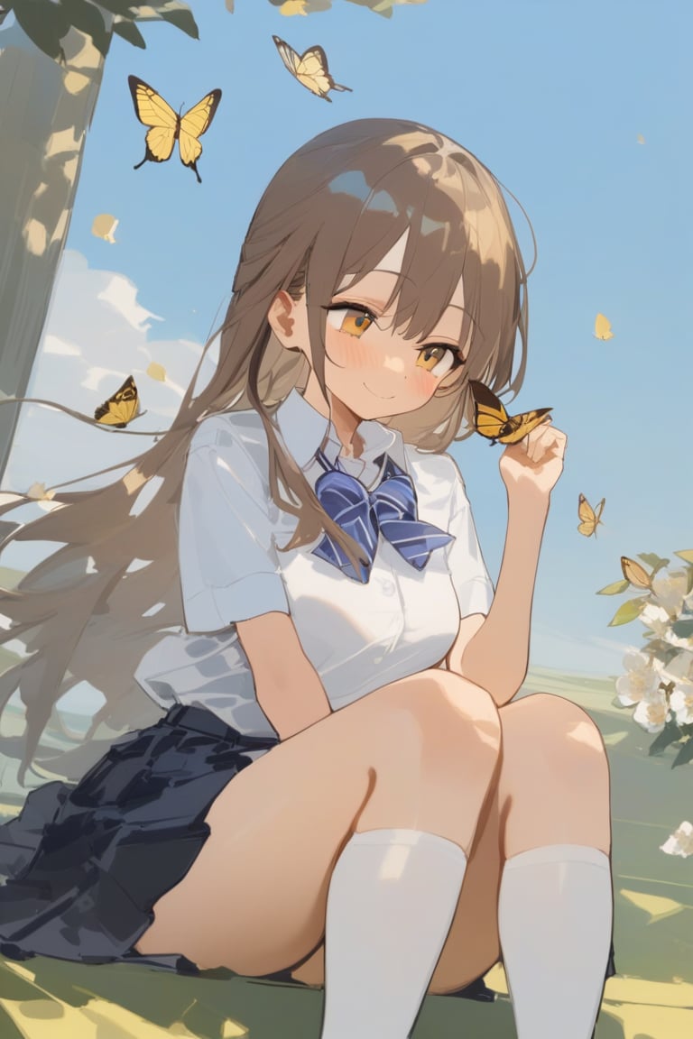 harev, watercolor, impasto, 1girl, (masterpiece, best quality), 1girl, solo, skirt, white_socks, shirt, long_hair, socks, sitting, bow, white_shirt, outdoors, bug, school_uniform, bowtie, brown_hair, blue_bow, butterfly, smile, short_sleeves, blue_bowtie, sky, blue_sky, bangs, blush, closed_mouth, day, yellow_butterfly, collared_shirt, kneehighs, yellow_eyes, blue_skirt, pleated_skirt, breasts, striped_bowtie, brown_eyes, striped_bow, feet_out_of_frame, vivid color,