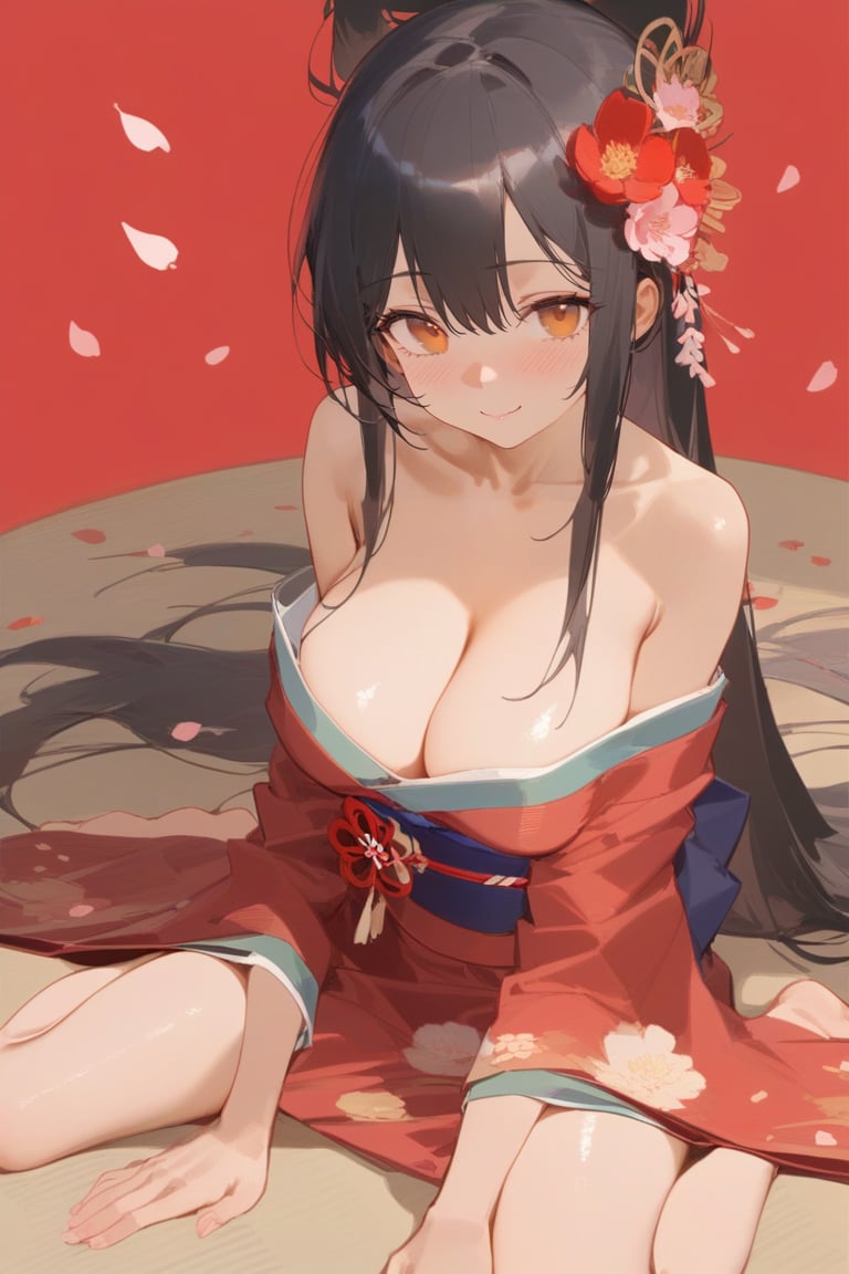 harev, watercolor, impasto, 1girl, (masterpiece, best quality), 1girl, solo, breasts, sitting, japanese_clothes, long_hair, red_kimono, cleavage, kimono, barefoot, hair_ornament, flower, smile, black_hair, wariza, bare_shoulders, very_long_hair, looking_at_viewer, large_breasts, hair_flower, petals, off_shoulder, sash, orange_eyes, closed_mouth, bangs, bare_legs, blush, red_background, collarbone, obi, floral_print, thighs, hair_between_eyes, long_sleeves, sensitive
