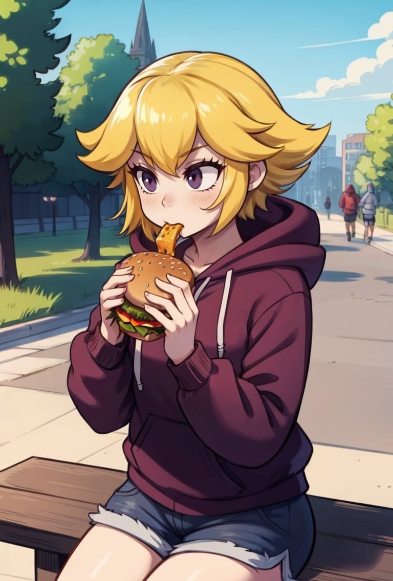 <lora:Mario_ShadowPeach-DEF:0.8> 1girl, outdoors, blonde, short hair, hoodie, shorts, eating burger