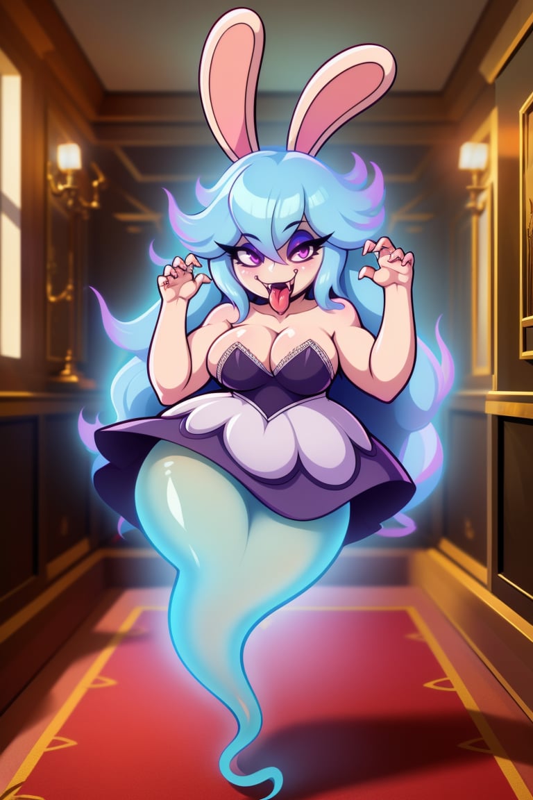 <lora:Mario_Midnite-DEF:1> midnite, rabbit ears, curvy, claw pose, tongue out, long hair, makeup, strapless dress, ghost tail, chibi, full body, luxurious room, haunted manor