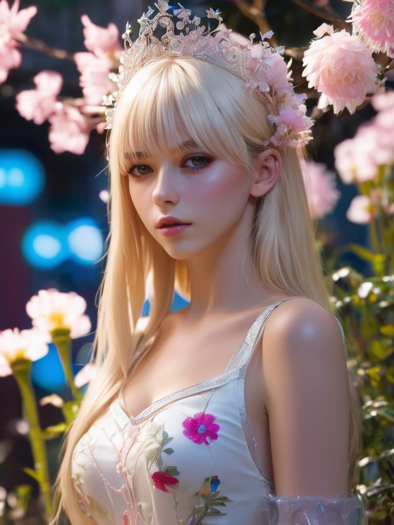 photograph, absurdres, highres, ultra detailed,1girl, blond hair, long hair, straight hair, french hair, parted bangs bangs, serafuku tiara high heel boots, sci-fi flower garden evening,