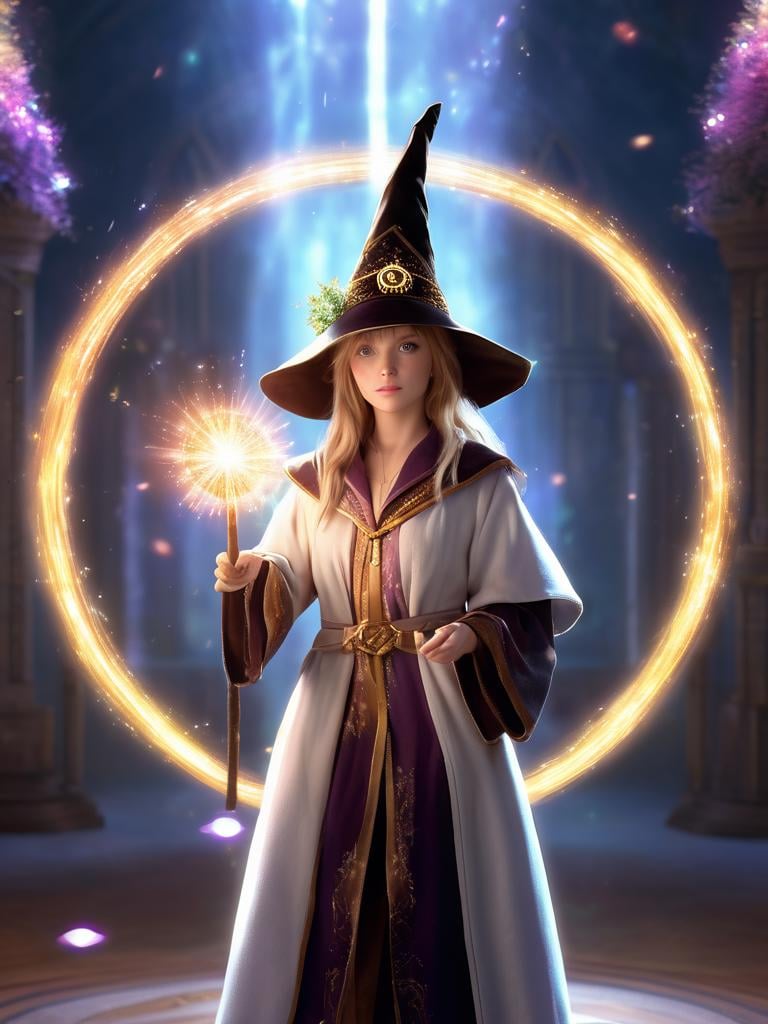 photoreal,highres,best quality,anime, 1girl, solo, wizard hat, robe, holding staff, on magic circle, sparkles, light particles, crystal, prism, glowing light